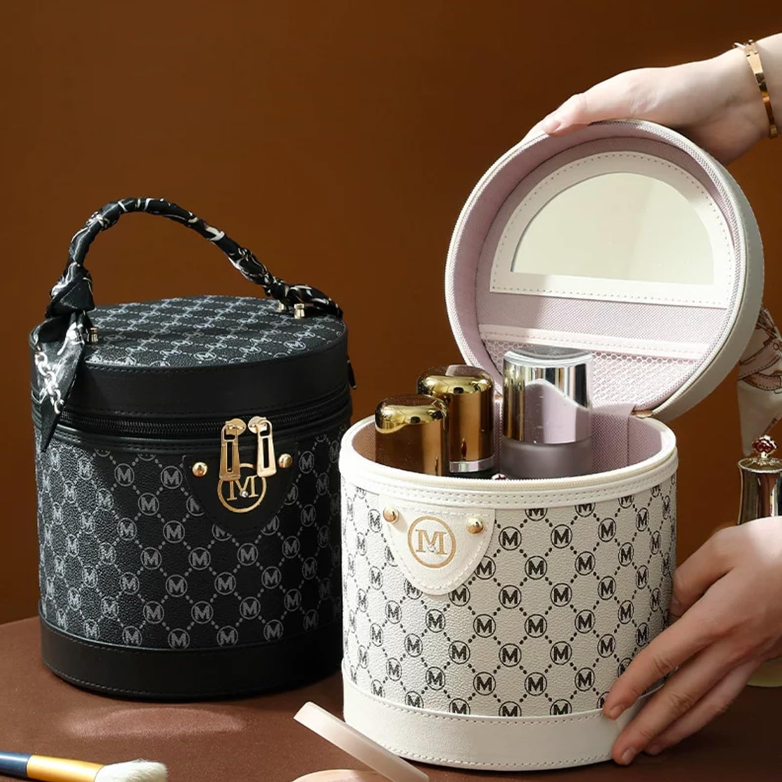 Borsa da Toilette con Doppia Apertura a Cerniera, Borsa per Cosmetici e Accessori Quotidiani, Elegante Multifunzionale, per un'organizzazione Ottimale, con Apertura Ribalta(Brown)