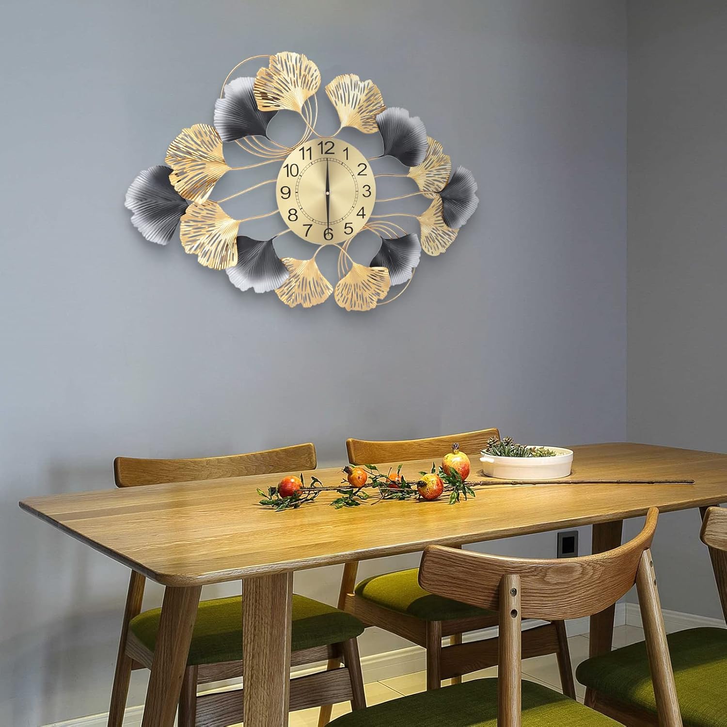 29.6" Large Wall Clock Numerals Metal Ginkgo Leaf Design, 3D Creative Luxury Wall Clock Silent Non-Ticking Battery Operated Living Room Decor Big Clock