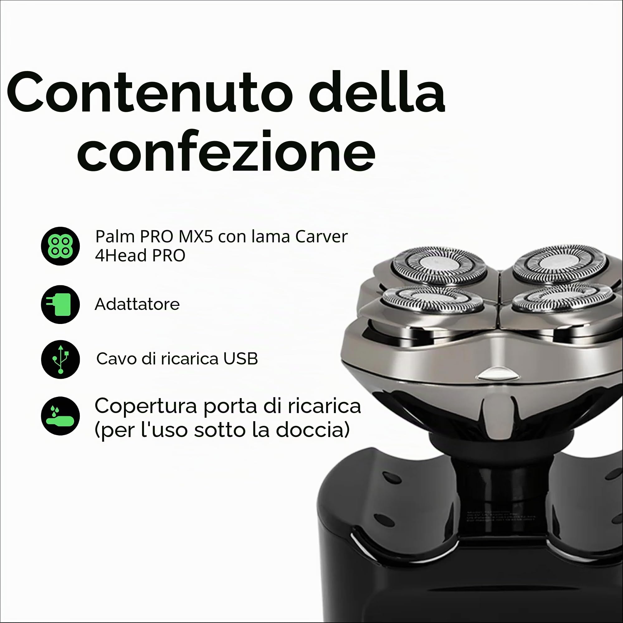 Skull Shaver Palm Pro MX5, Rasoio - Lama Carver 4 Head Pro, Senza Fili, Ricaricabile, per uso sotto la Doccia e a Secco, Display LCD, Ricarica USB | Lama Carver 4 Head Pro, Senza Fili, Ricaricabile, per uso sotto la Doccia e a Secco, Display LCD, Ricarica