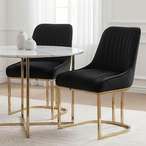 Juego de 2 sillas de comedor tapizadas de terciopelo negro y dorado, modernas sillas de cocina sin brazos con respaldo