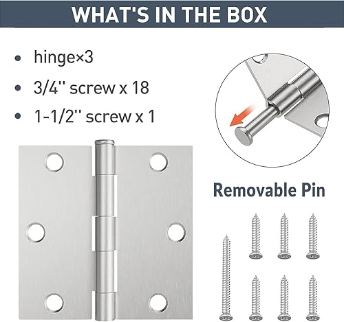 Miniatura 3 de HOSOM Paquete de 3 bisagras cuadradas para puerta de 3.5 pulgadas, níquel cepillado con esquina cuadrada, bisagra de puerta interior para