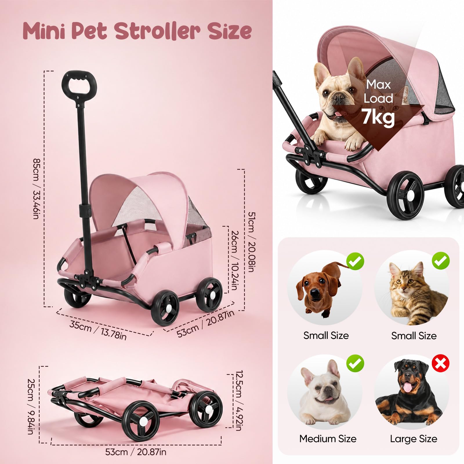 Carretto per Cani, Passeggino Pieghevole Cani e Gatti Carrello 4 Ruote per il Trasporto Animali con Maniglia Girevole a 360° Tasca Portaoggetti Cappottina Parasole e Maniglia Traino Retrattile Trolley