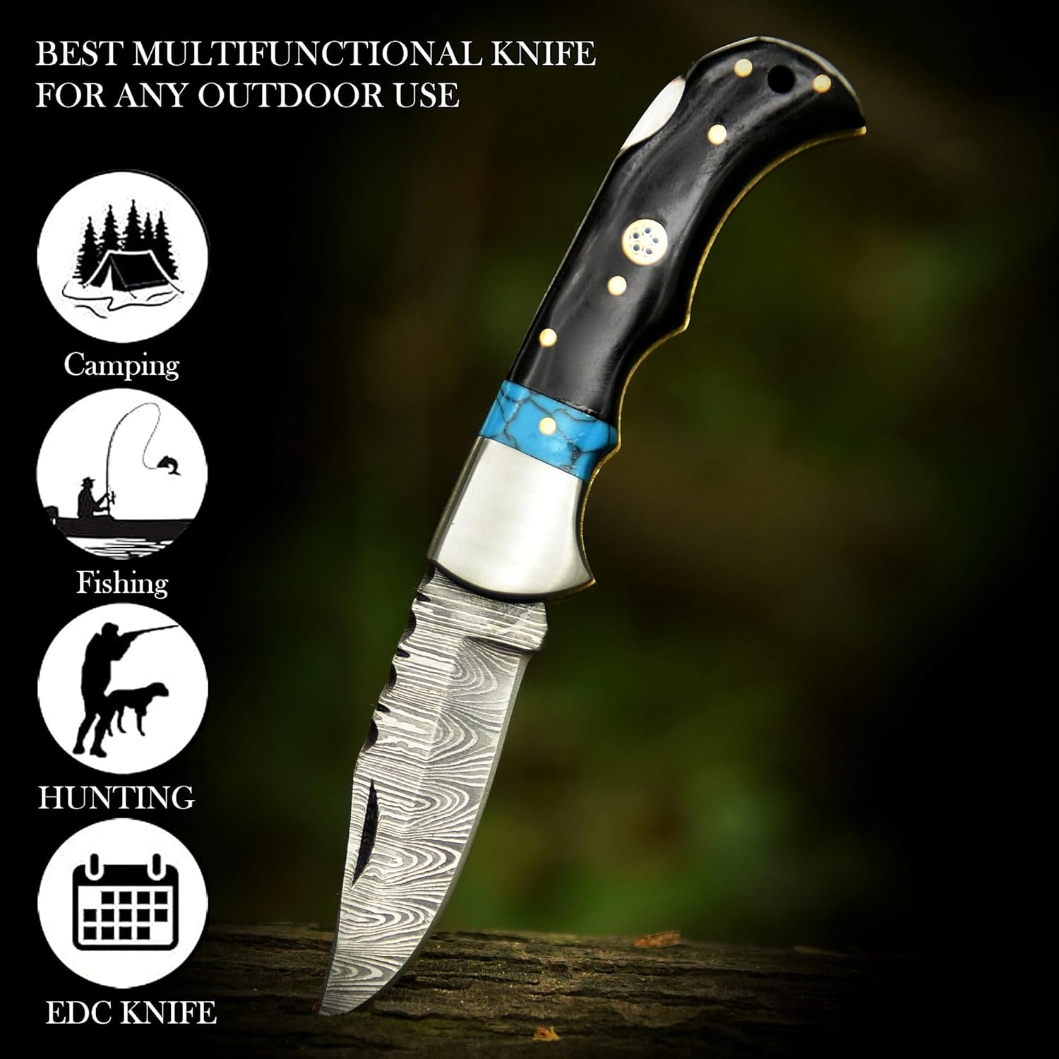 Handmade Pocket Knife for Men - 6,5 Inche Damascus Steel Folding Knife with Leather Sheath - Ideal for EDC, Camping, Hiking and Outdoor Activities (Turquoise & Bull Horn)