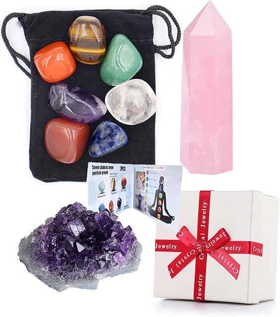 Healing Crystal Sets 9PCS Gemstones and Crystals for Beginners Amethyst Crystal Raw Cluster Rock and Rose Quartz Healing Stone Wand Chakra Stones for Meditation Anxiety Spiritual Gift