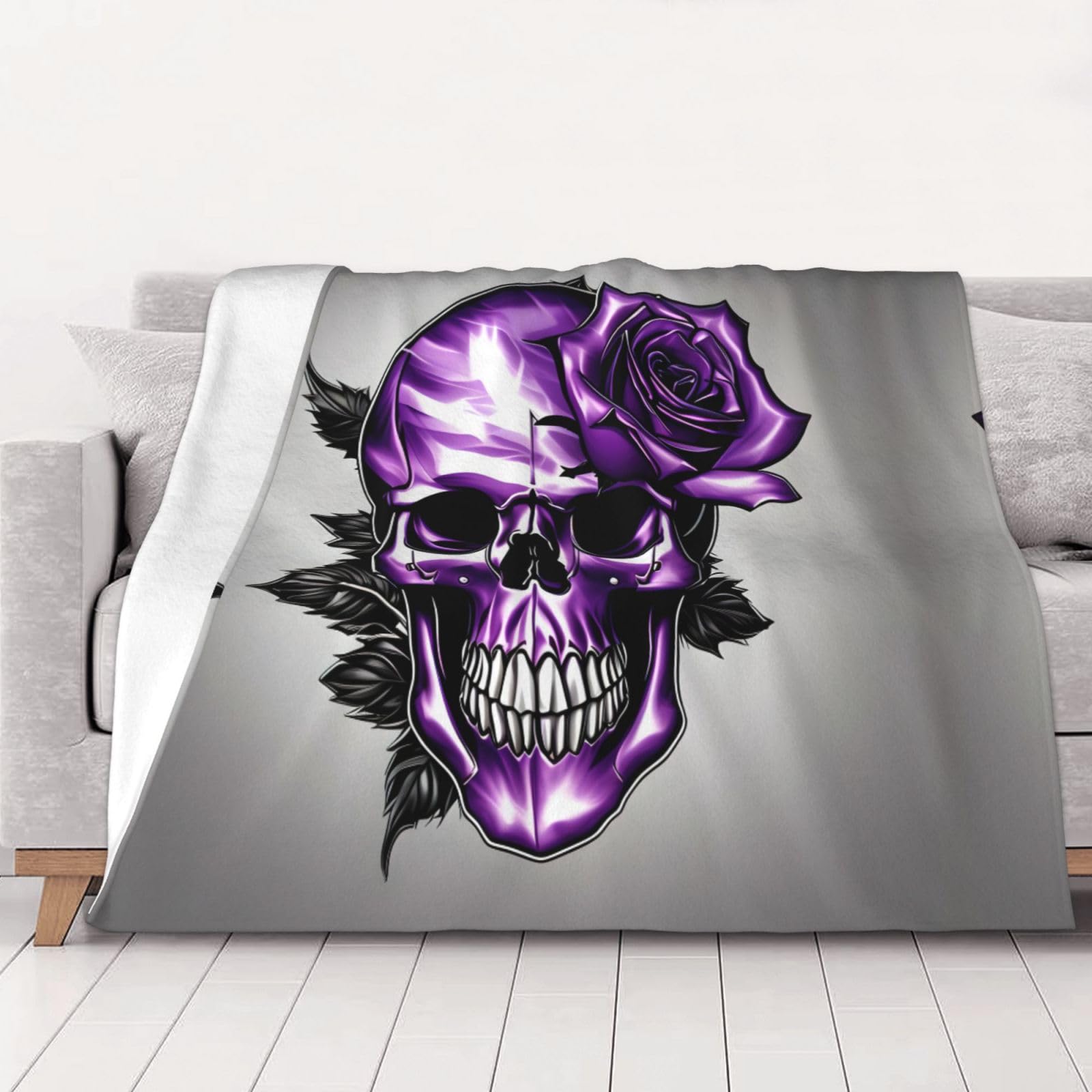 Gewichtete Decke mit lila Rosen und Totenkopf, 76,2 x 101,6 cm, weiches Flanell, wendbar, gemütlich, extra warm, Decke für Bett, Couch