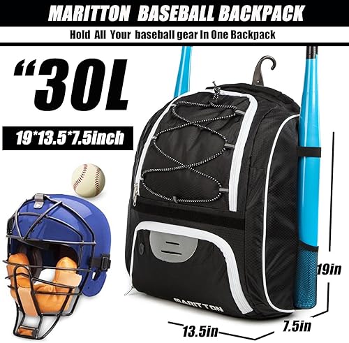 Miniatura 7 de MARITTON Bolsa de béisbol  Mochila de bate para béisbol, equipo de T-Ball y sóftbol para jóvenes y adultos con compartimento para zapatos y soporte