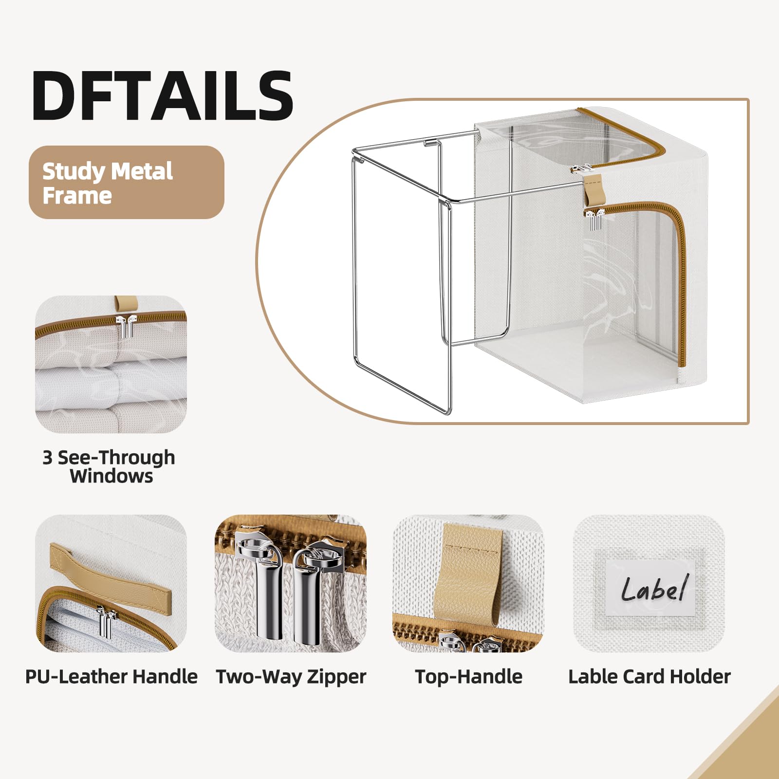 CYhom Contenitori per vestiti con struttura in metallo, 3 aperture per finestre trasparenti, confezione da 3 contenitori pieghevoli per armadio (bianco, 43 L, 43 x 12,6 x 32,6 cm)