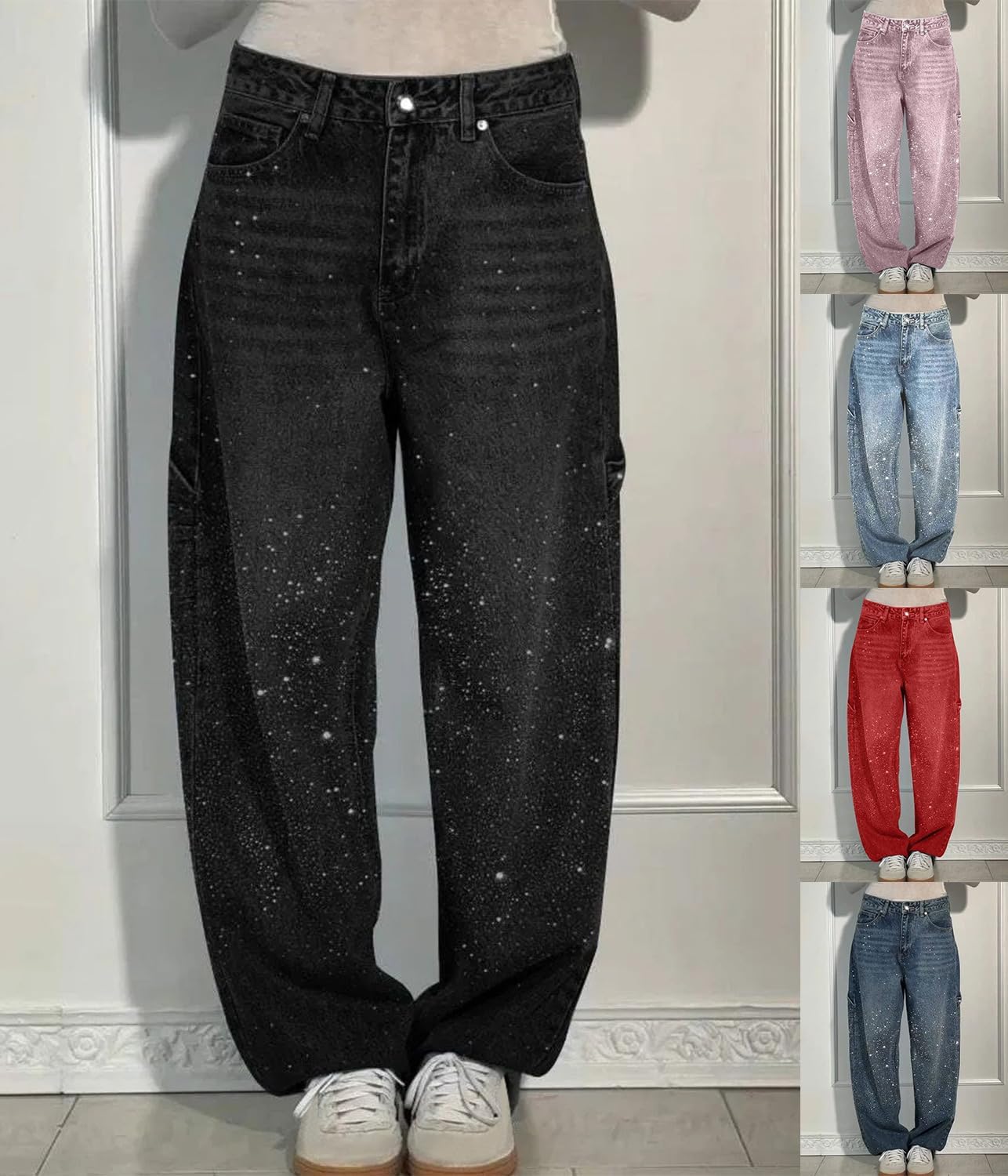 Onsoyours Jean Femme Taille Haute Coupe Droite Straight Jeans Mode Baggy Jambes Mom Jean Taille Elastique Large Pantalon Femme