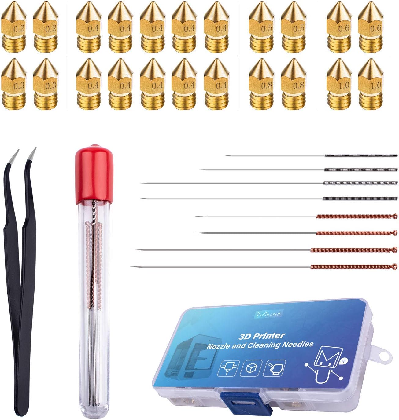 Miuzei 3D Printer Nozzle Cleaning Kit -Needles and Tweezers Nozzle Tool Kit - 22Pcs Printer Nozzle(0.2mm,0.3mm,0.4mm,0.5mm,0.6mm,0.8mm,1.0mm) MK8 Extruder Head