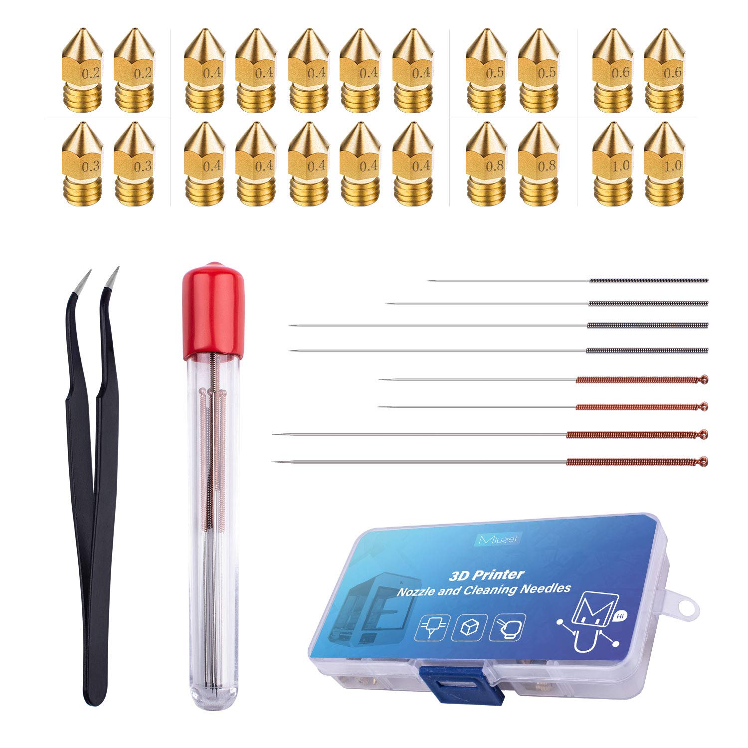 Miuzei 3D Printer Nozzle Cleaning Kit -Needles and Tweezers Nozzle Tool Kit - 22Pcs Printer Nozzle(0.2mm,0.3mm,0.4mm,0.5mm,0.6mm,0.8mm,1.0mm) MK8 Extruder Head