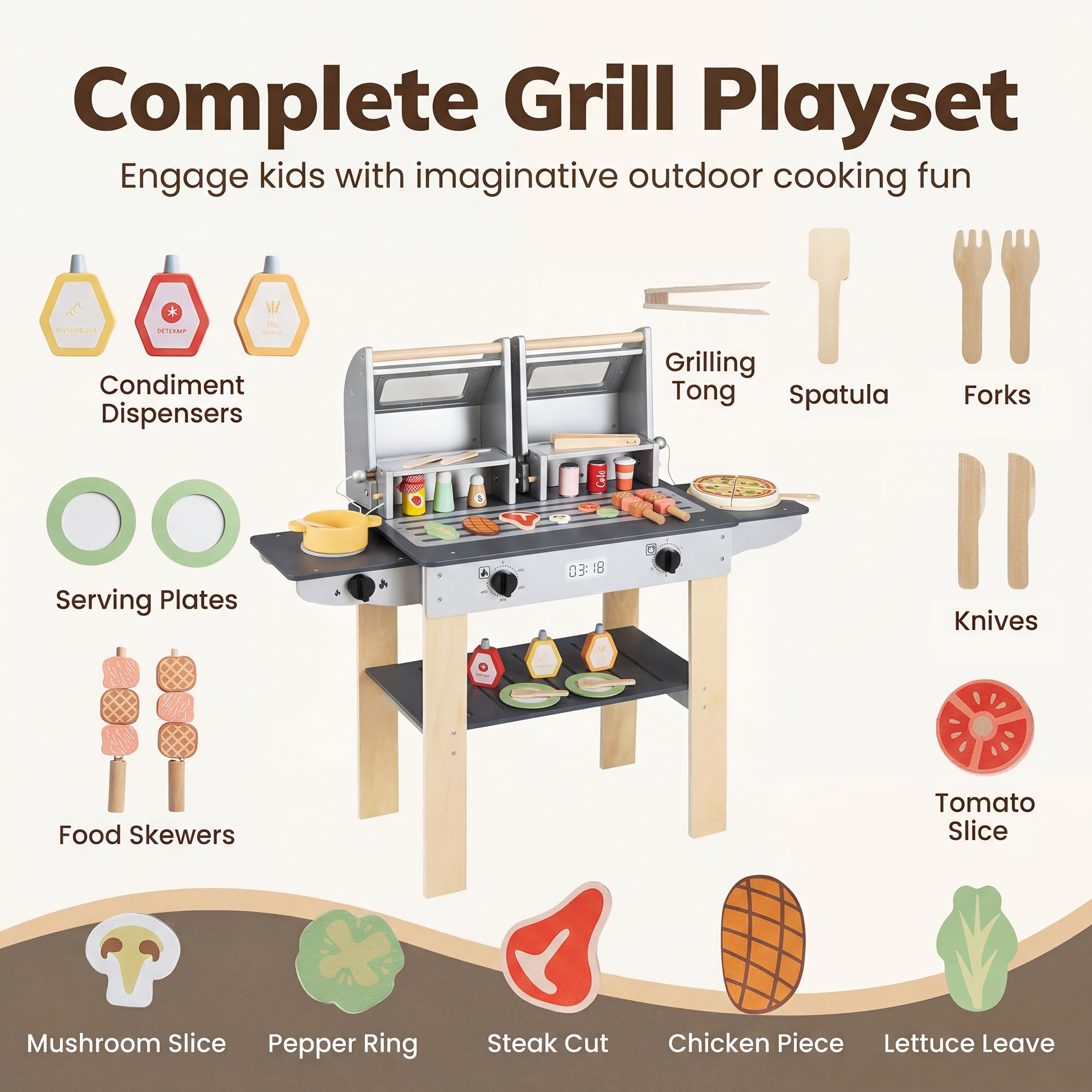 HOMASIS Cusine Enfants, Jouet BBQ Grill Barbecue en Bois avec 2 Grilles et Couvercles à Loquet, Fenêtres Transparentes, Boutons Rotatifs, Accessoires&Rangement, Jouet d’Imitation pour Enfants 3 Ans+