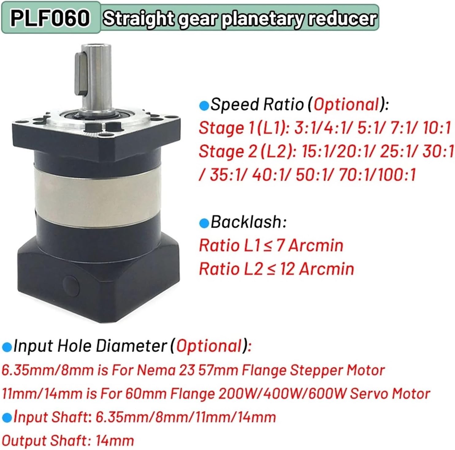 Reducer Step-Down Gearbox Reduction Gearbox 57/60/86/80/90mm Flange Stepper Servo Motor Reducer(19mm Input-80 Servo,Speed Ratio 5 to 1)