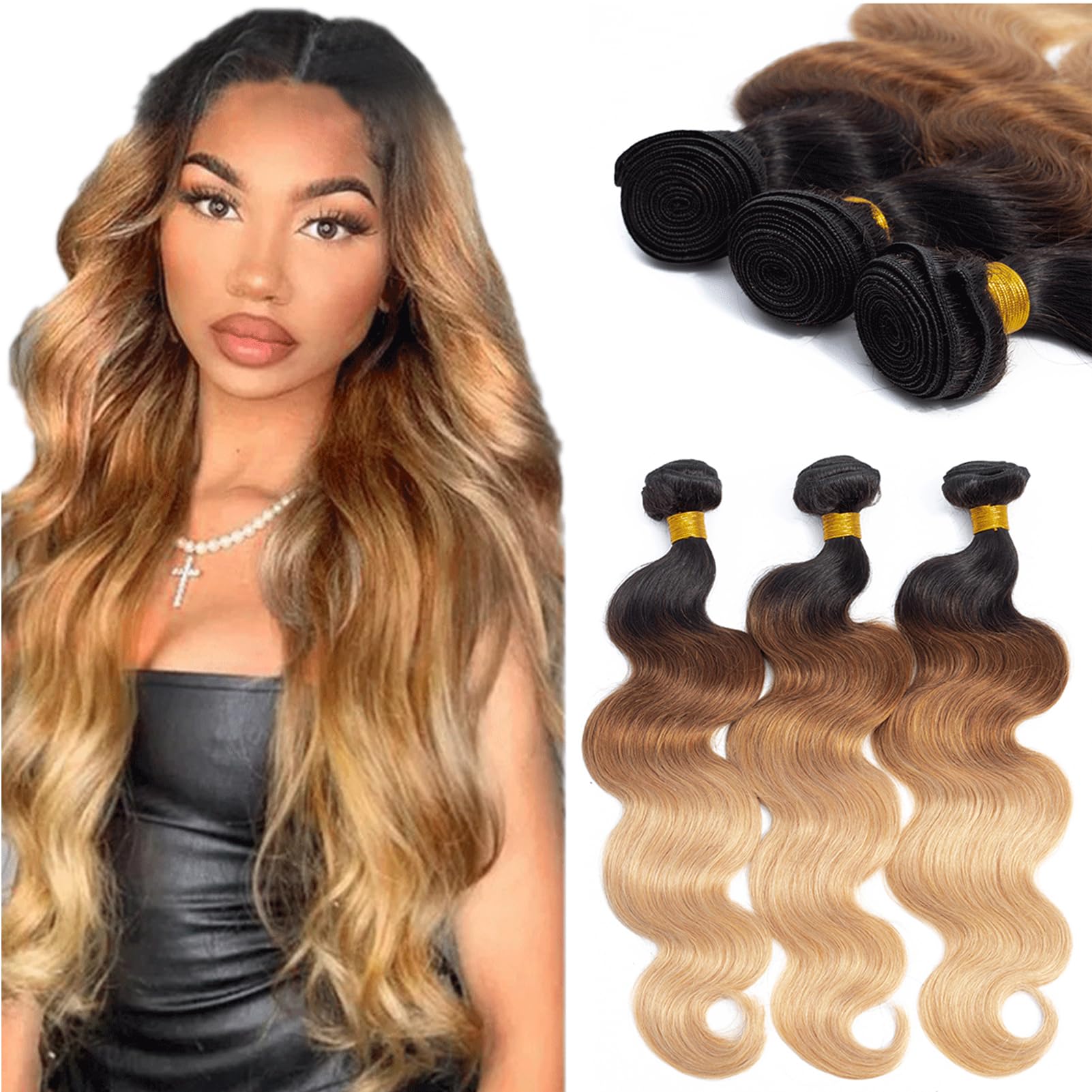 12A Ombre Body Wave Bundles Human Hair (T1B/30/27,22" 22" 22") 100% Real Human Hair 3X Longer Lifespan 100% Unprocessed Brazilian Virgin Hair Ombre