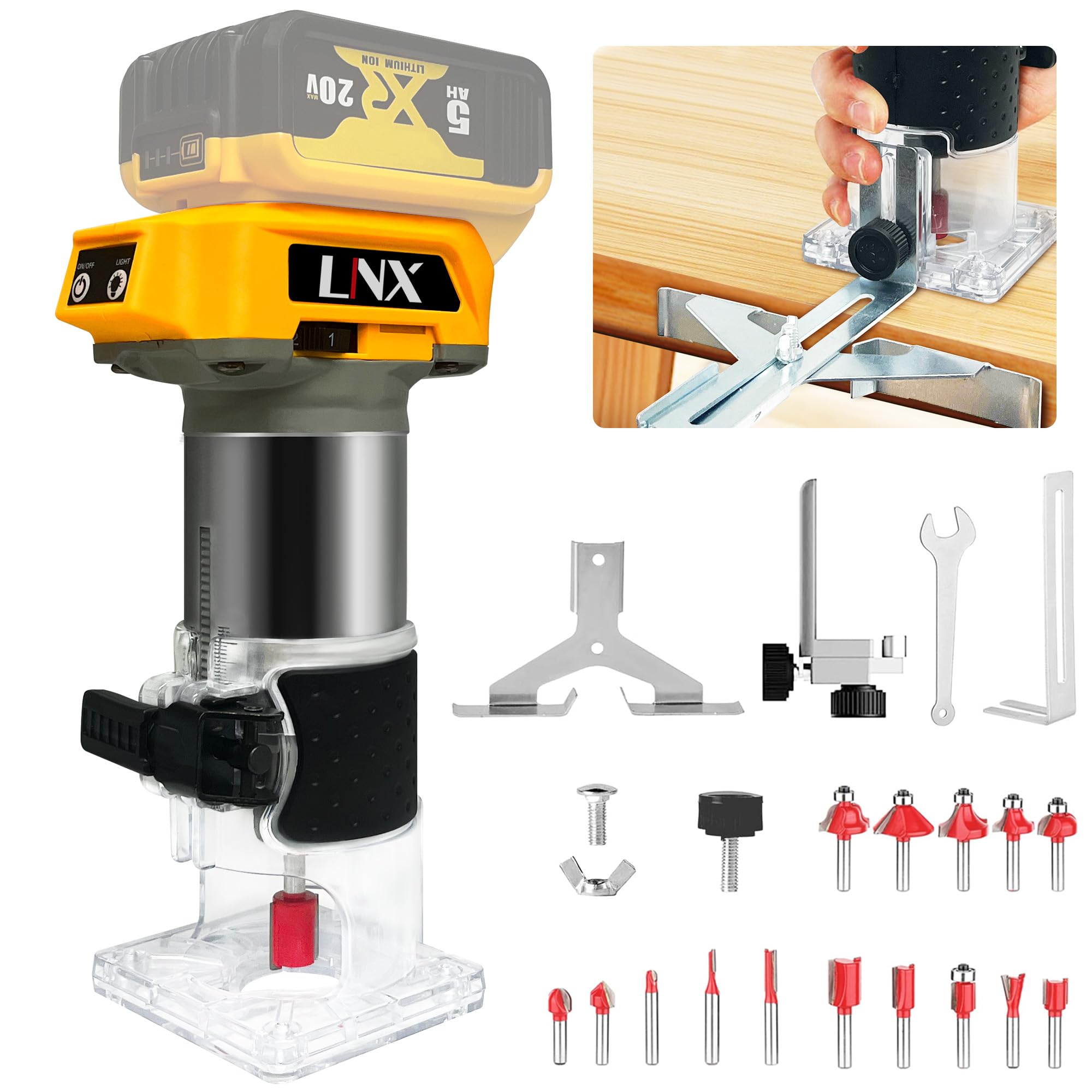 Router de madera inalámbrico de 800 W compatible con batería Dewalt de 20 V, L1NXIXI 30000 RPM sin escobillas para acoplar 15 brocas de enrutador de 0.25 pulgadas, enrutador de corte manual de 6