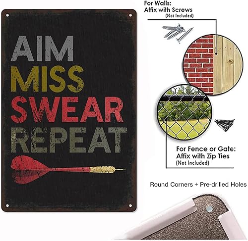 Miniatura 4 de Póster de metal con letrero de estaño de dardos – Aim Miss Swear Repeat Funny Wall Art – Retro Man Cave Garage Bar Game Room Decor – Decoración