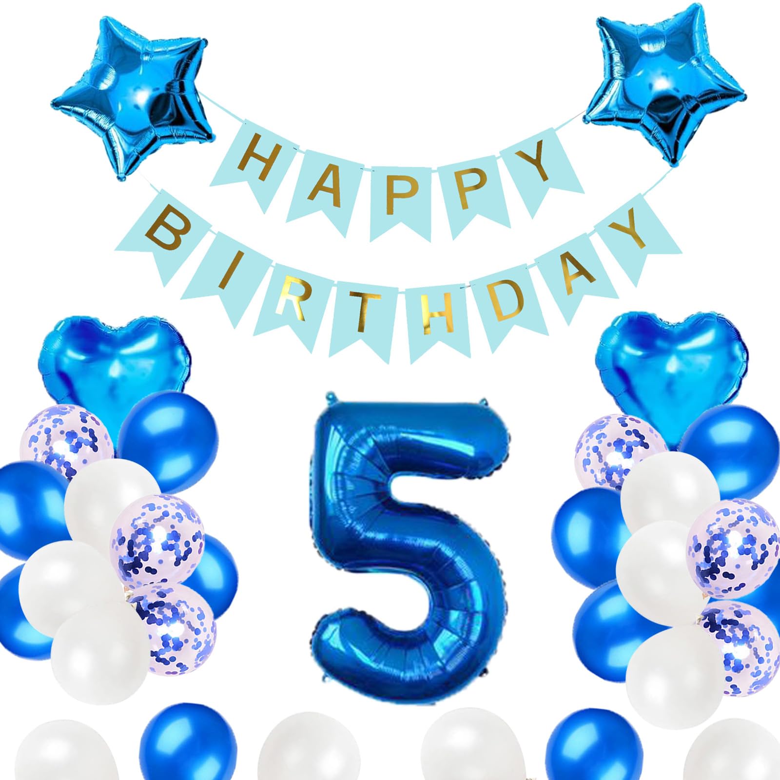 5歳誕生日 バルーン 風船 飾り付け セット ブルー 数字バルーン5 HAPPY BIRTHDAYガーランド ハート風船 紙吹雪風船 バースデーバルーン子供 風船 男の子 女の子 ブルー 祝い バースデー お祝い 飾り 記念日 部屋 撮影