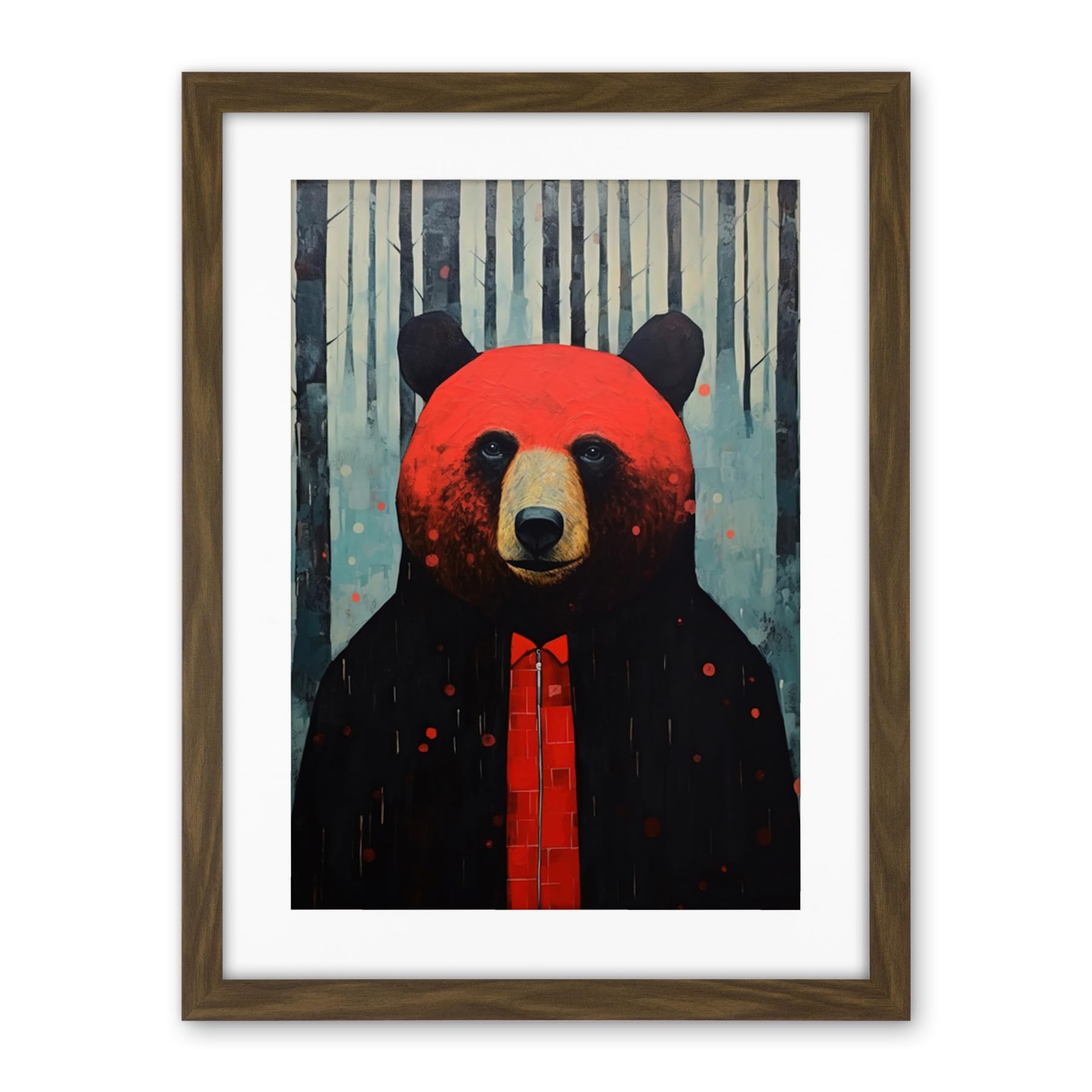 Artery8 Hipster Red Bear Artwork Oil Painting Black Blue Artwork Forest Trees Artwork Framed Wall Art Print 18X24 Inch