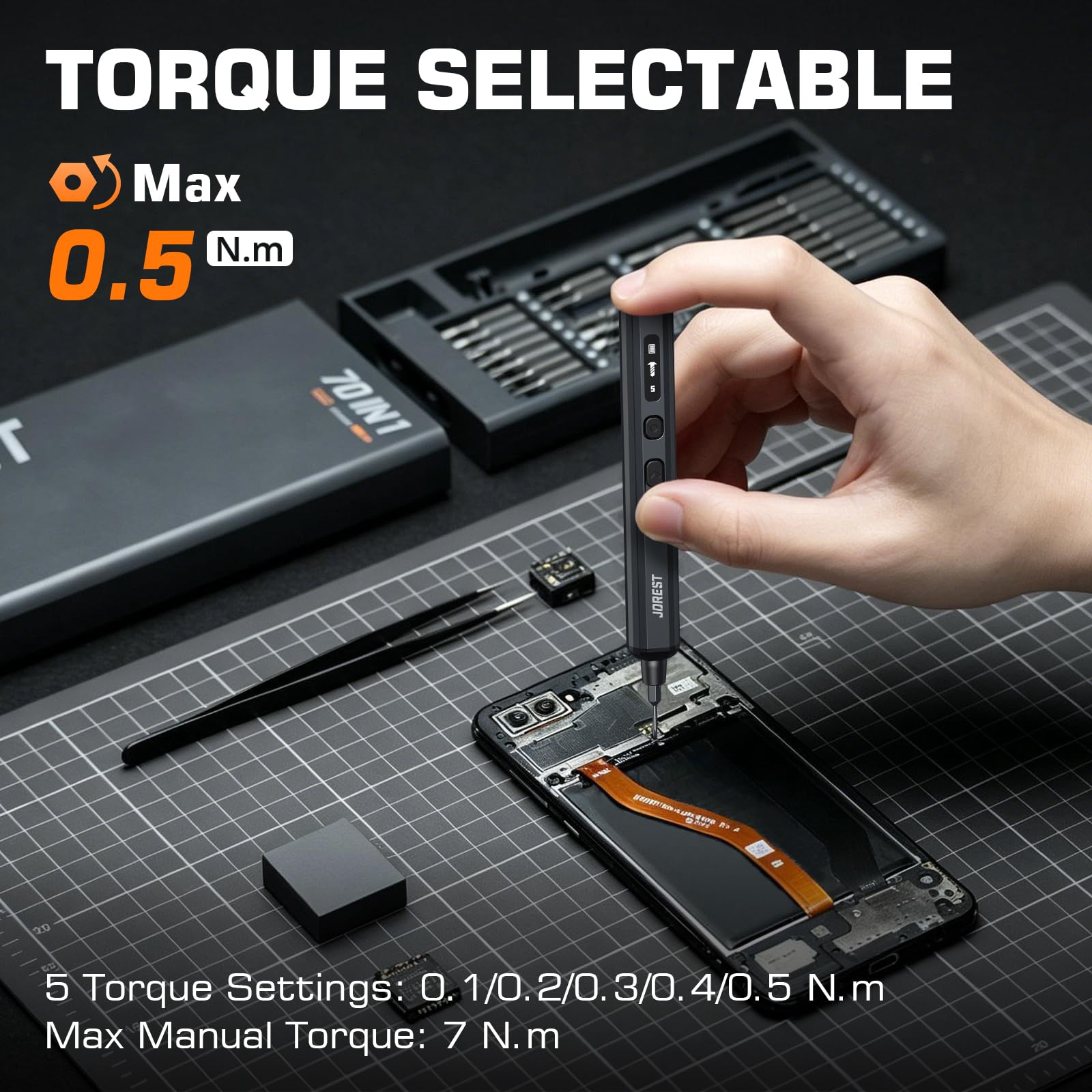 JOREST 70 in 1 Set di mini avvitatori elettrici di precisione : 64 punte magnetiche S2, 5 impostazioni di coppia, kit di attrezzi per riparazioni di iPhone, iPad, MacBook, PS5, console di gioco