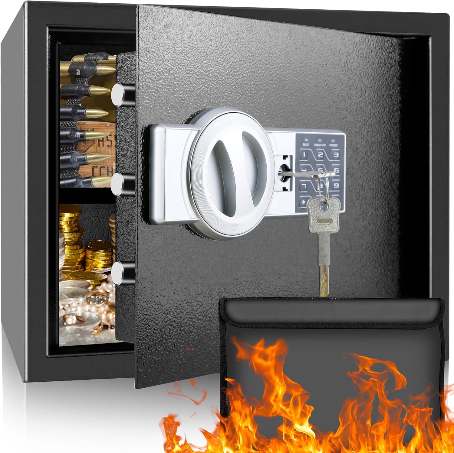 Micsci Safe Home Safe Box with Fireproof Money Bag, Key and Keypad Lock ...