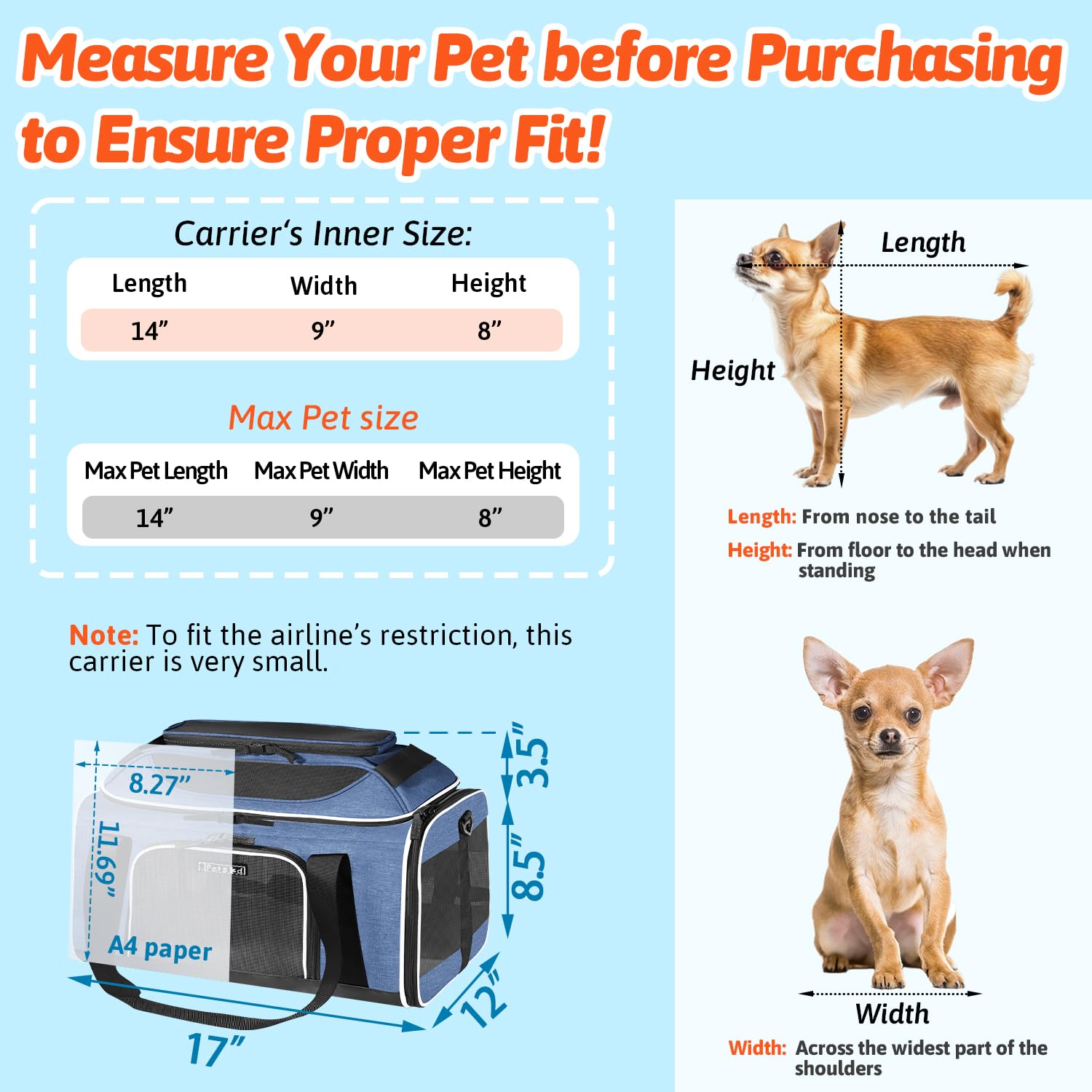 Petskd Transportín expandible de 41,18 x 30,48 x 21,59 cm, aprobado por las aerolíneas JetBlue, Frontier y Spirit, blando, para perros y gatos pequeños, con cremalleras de seguridad y malla