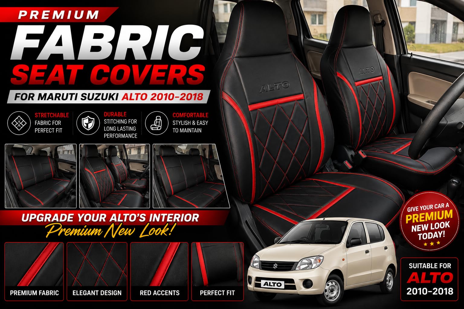 MS PU Leather Car Seat Cover for Maruti Alto 800, Alto K10 (Fixed Head Rest, Mono Back Seat, Without Back Seat Arm Rest, 5 Seater) Model 2010-2018(Red-Black)-image-1