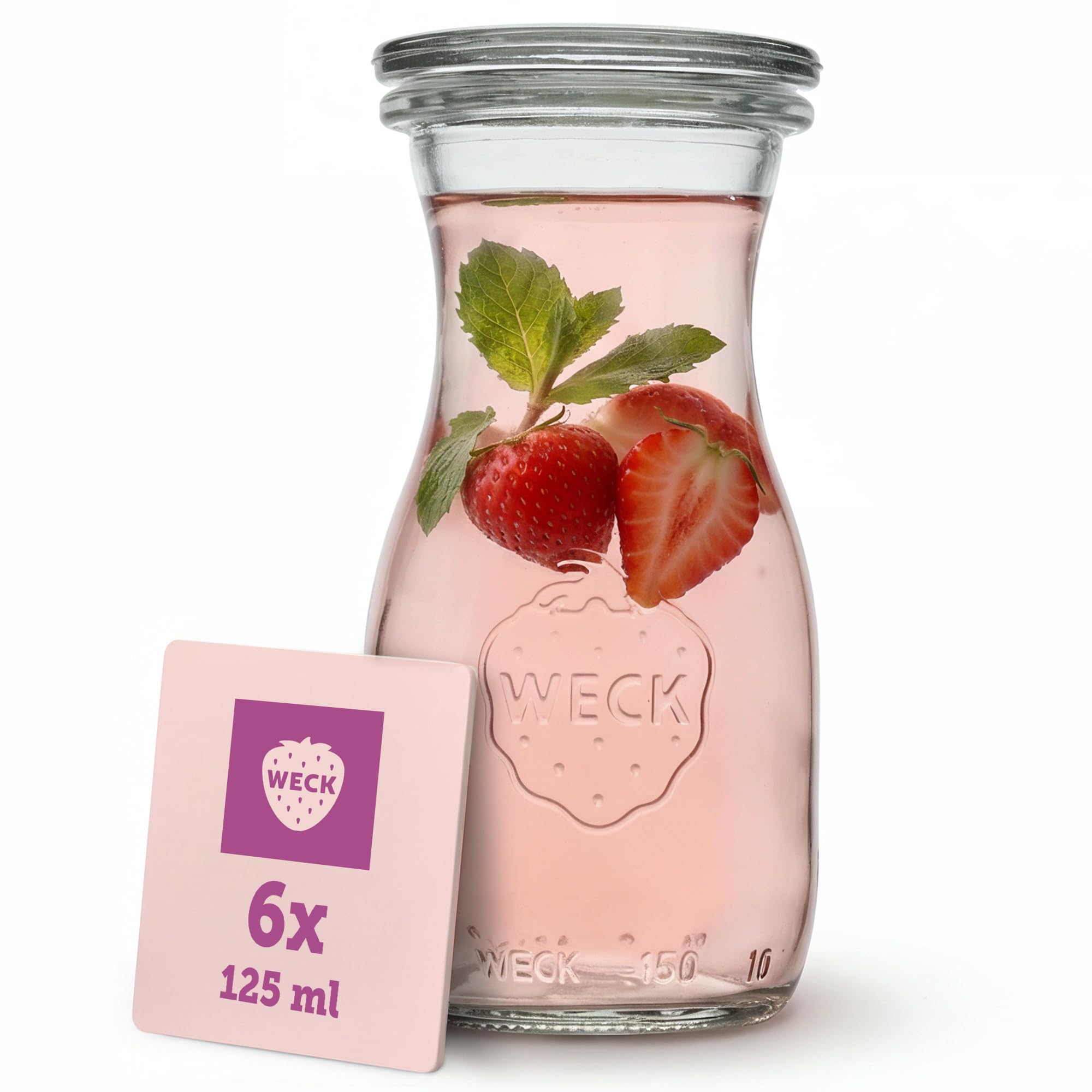 Weck Glaskaraffe 125ml – 6er Set – Trinkflasche aus Glas mit Glasdeckeln zum Befüllen – als kleine Glaskaraffe mit Deckel oder zum Einkochen & Verschenken Küche, Haushalt & Wohnen