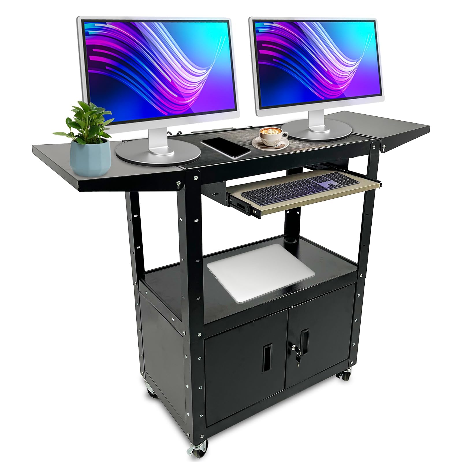 Goyappin AV Cart with Locking Cabinet and Keyboard Tray, Height Adjustable Rolling Computer Cart with Wheels and Power Strip for Mobile Equipment