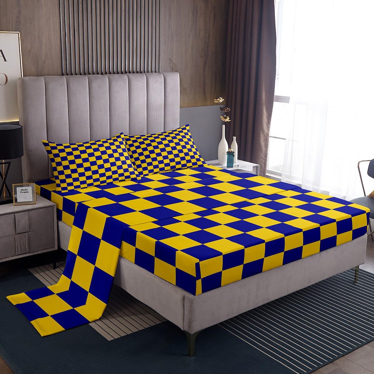 Parure de lit jumeau à motif géométrique jaune et bleu Manfei avec drap plat et housse moderne