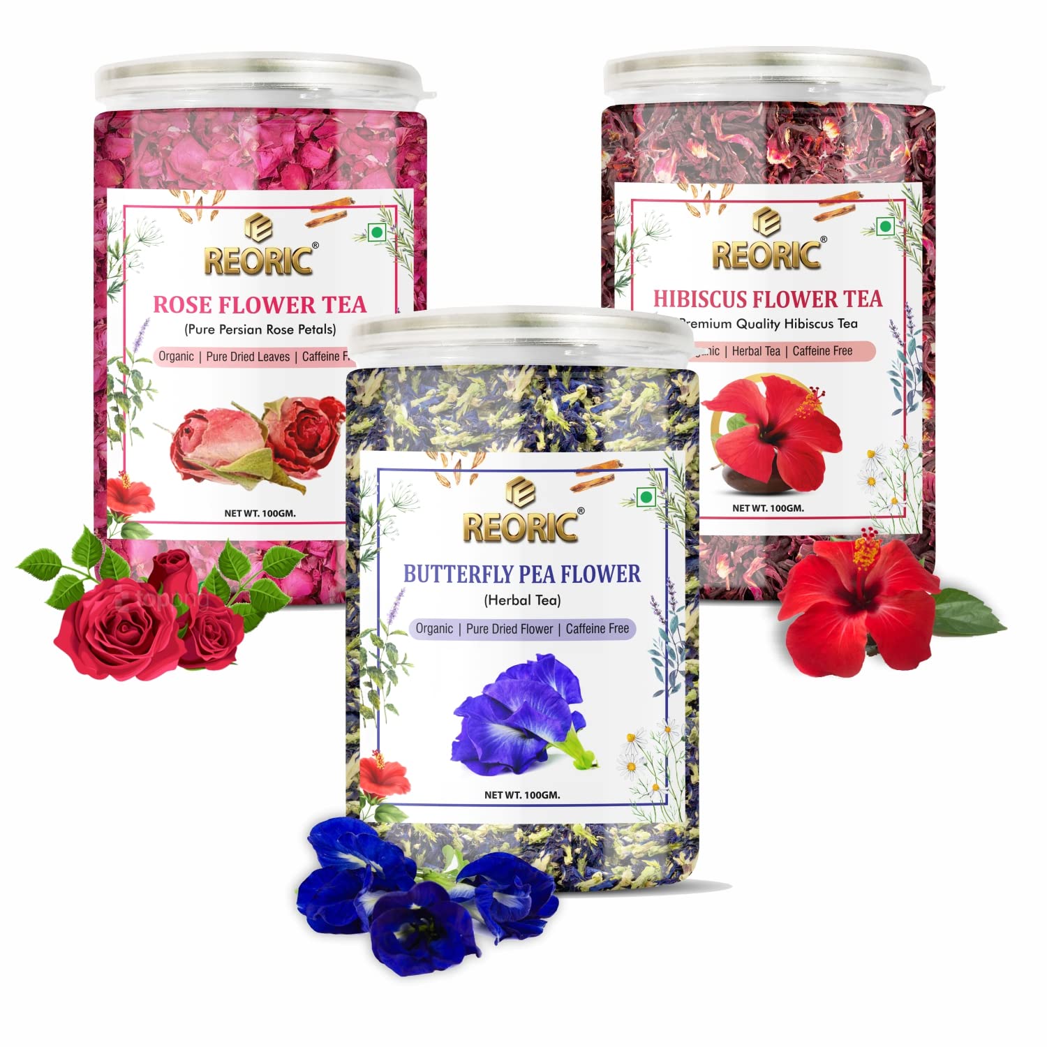 REORIC Hibiscus Flower Tea(100g) + Butterfly Pea Flower Tea(100g) + Rose Flower Tea(100g) Combo Pack | Caffeine Free Herbal Tea to Reduce Stress(300g, Organic) (B0BD1PNZQF) Amazon Price History, Amazon Price Tracker
