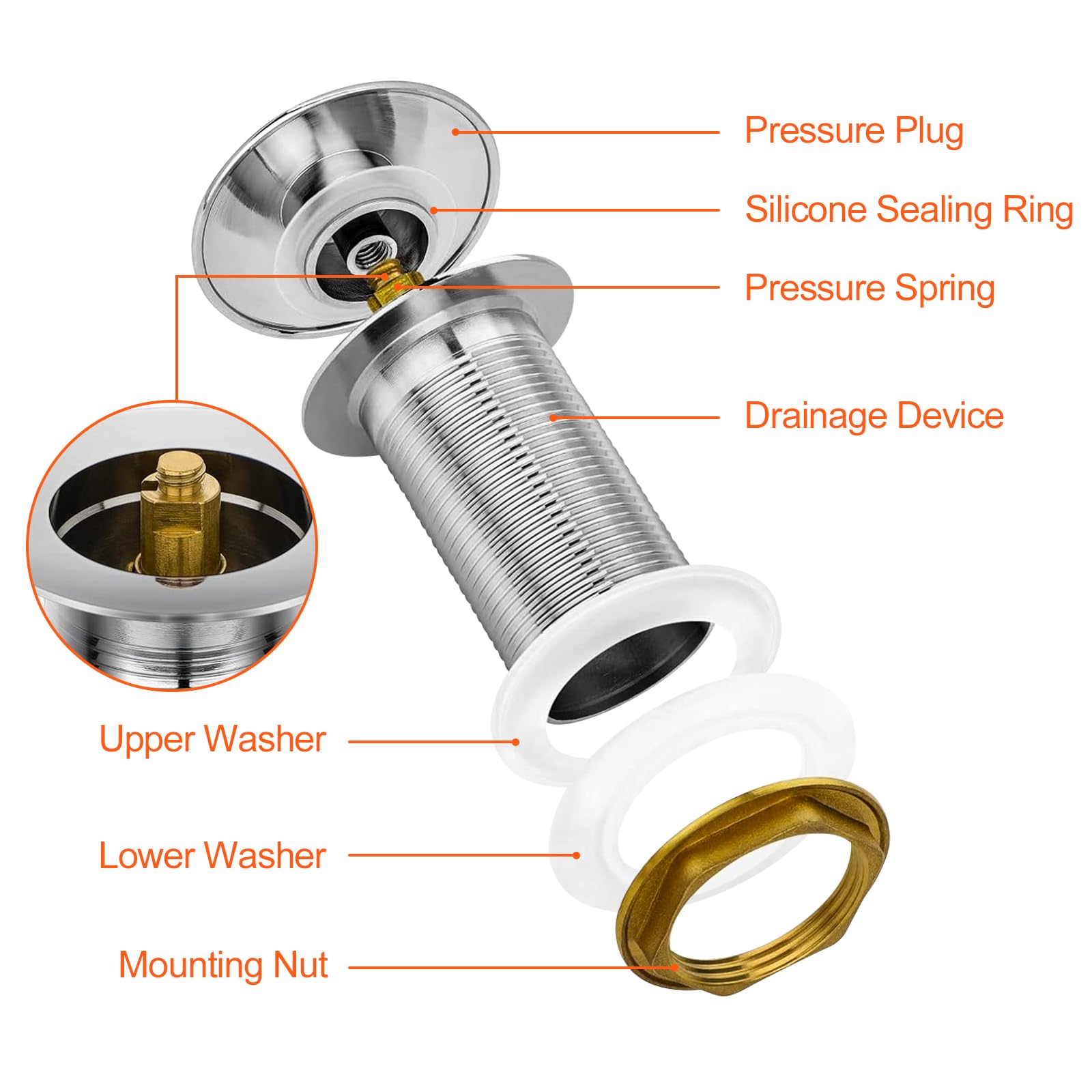 Bonde De Lavabo Pop-up Sans Trop-plein, Vidage Clapet Push Open Pour Lavabo En Laiton Chrome G 1 1 4 Ddtp01ty 89785659