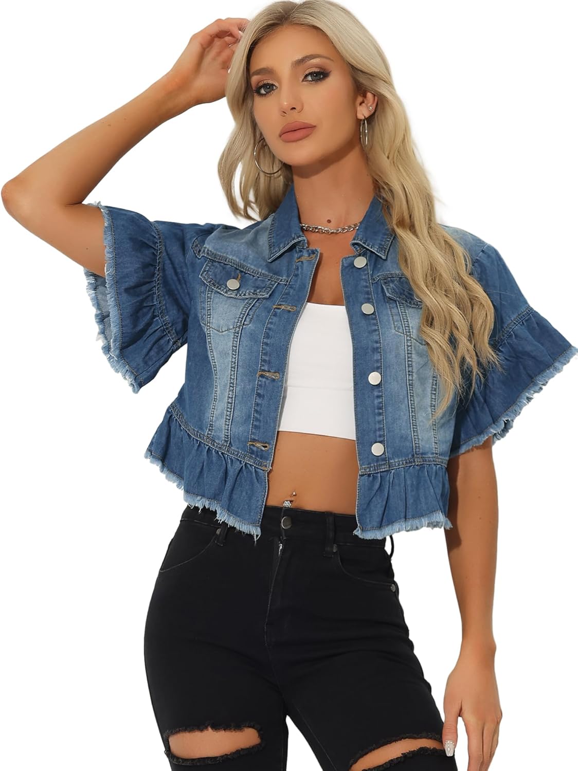 Allegra K Denim Jacket for Women's Button Down Ruffled Short Sleeve Lightweight Peplum Hem Jean Jacket