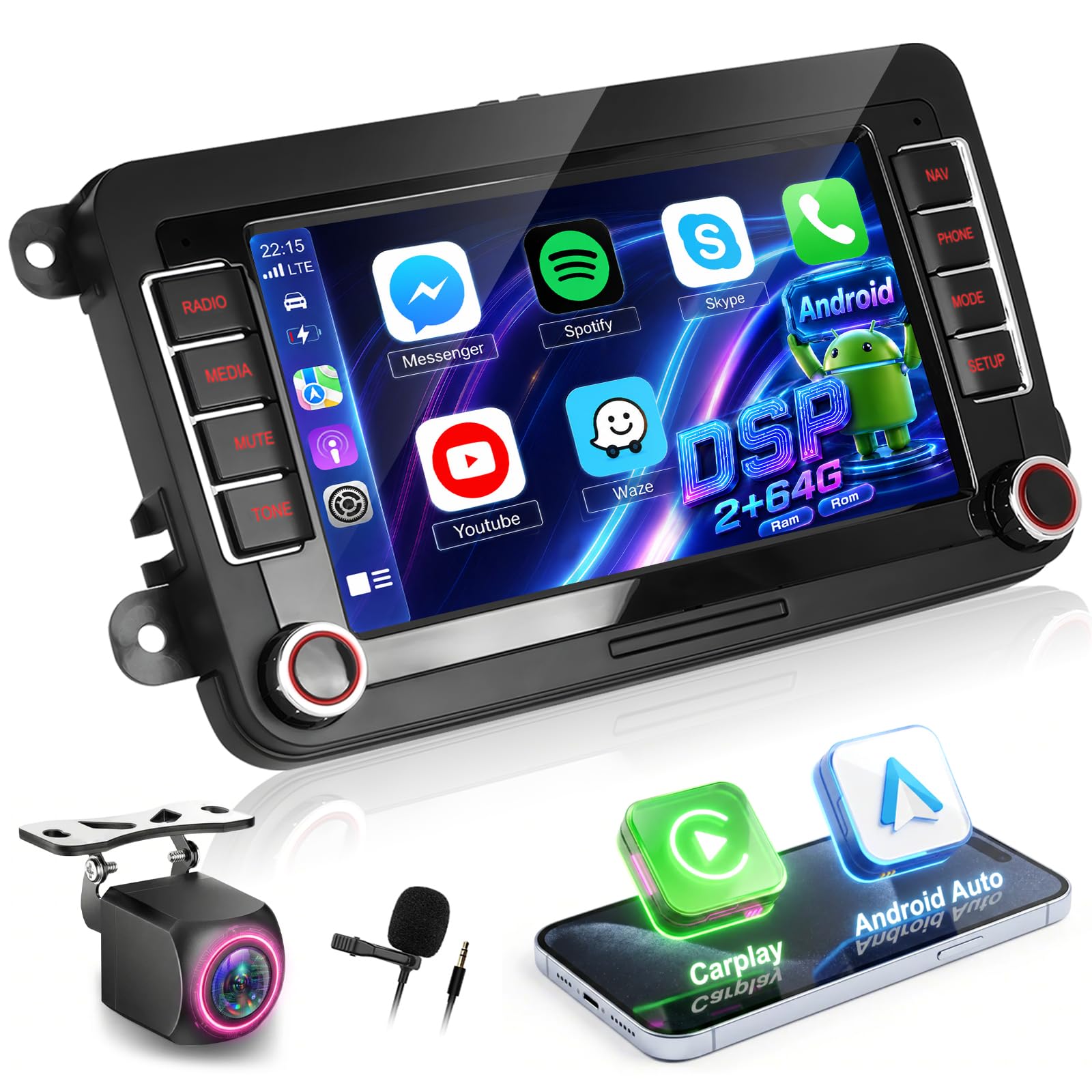 NHOPEEW 7 Zoll 2 + 64G Android Autoradio für VW Passat b6 b7 Golf 5 6 Jetta T5 EOS Polo Touran Seat Sharan - Unterstützung Drahtlos Carplay & Android Auto WiFi GPS FM RDS Mirror Link + Rückfahrkamera