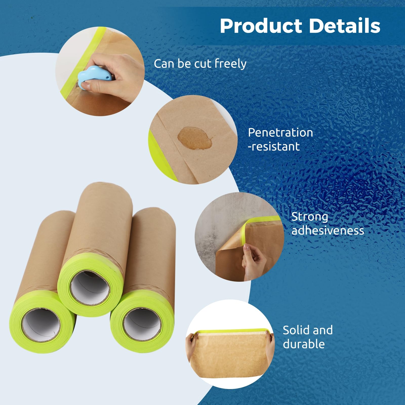4 Rollen vorgeklebtes Abdeckpapier zum Malen, 45 x 120 cm, ideal für Sockelleisten, Auto und Türrahmenschutz