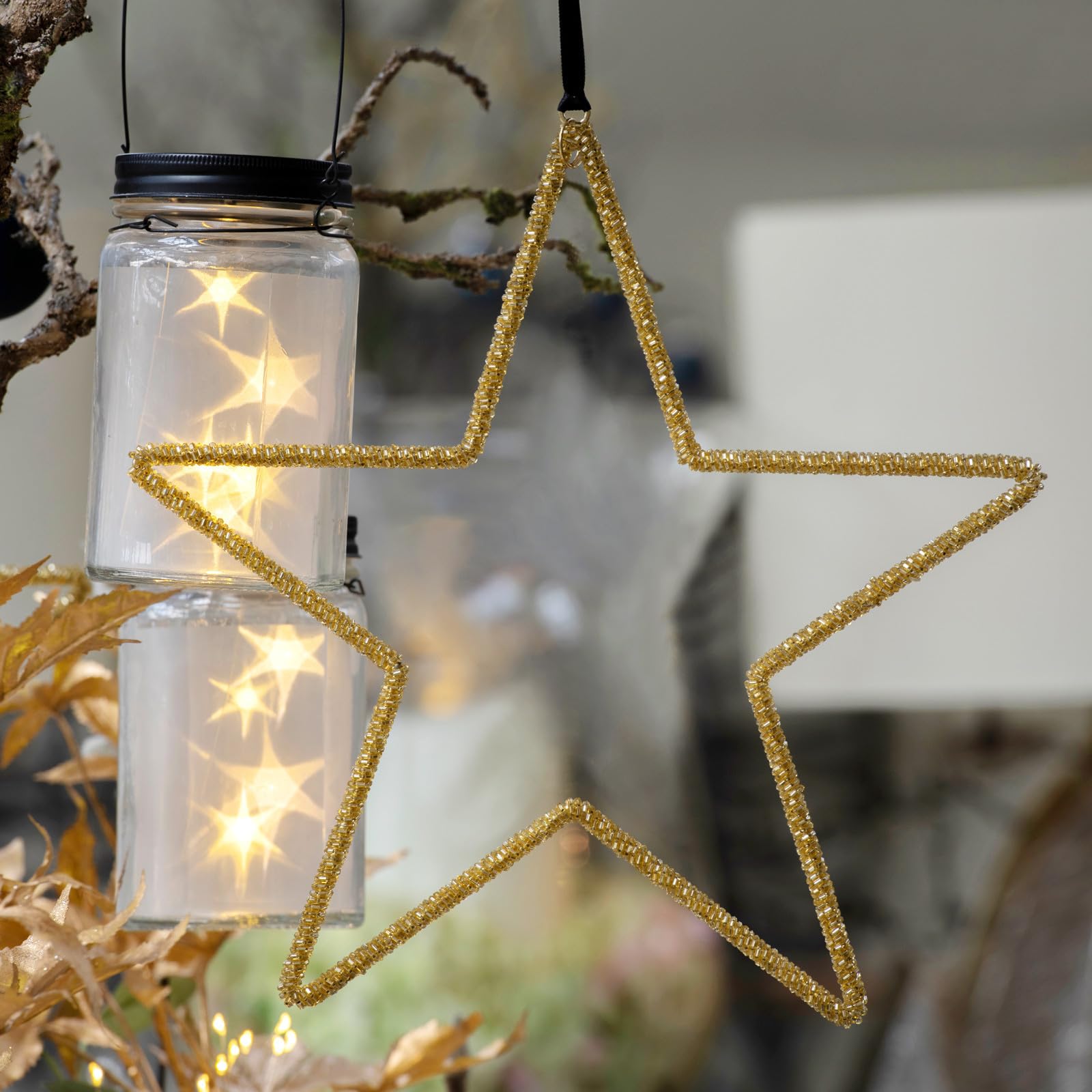 BESTOYARD Goldener Metallstern zum Aufhängen als Wanddekoration mit Pentagramm Form Sicher und Glasveredelt für Weihnachtsdeko und Eingangsbereiche