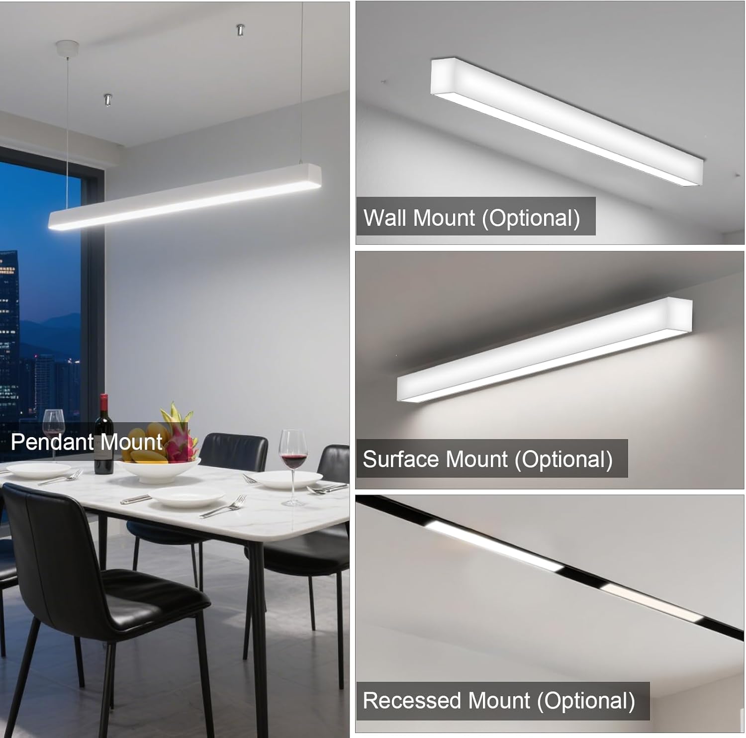 LED Linear Light 8FT, 60W/80W/100W Selectable Hanging Office Shop Light, Up to 11500LM，3000K-6500K Adjustable Architectural Linear Lighting Fixture, Dimmable Suspended Lighting - 4PK