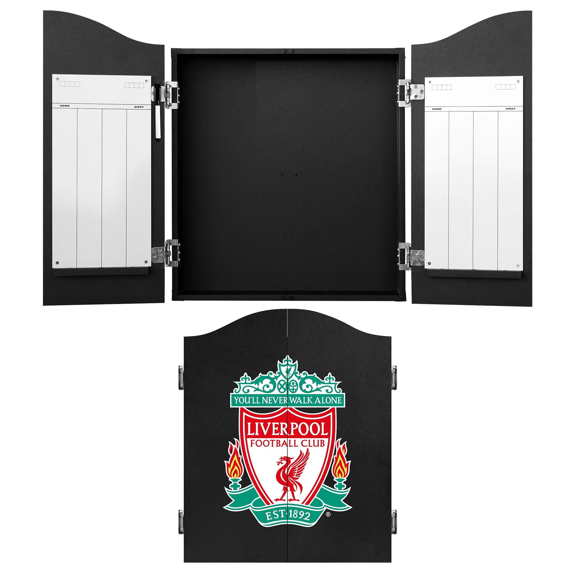 FOCO Gabinete de dardos y diana con licencia oficial del Liverpool Football Club The Reds, escudo del club, negro (CAB076)