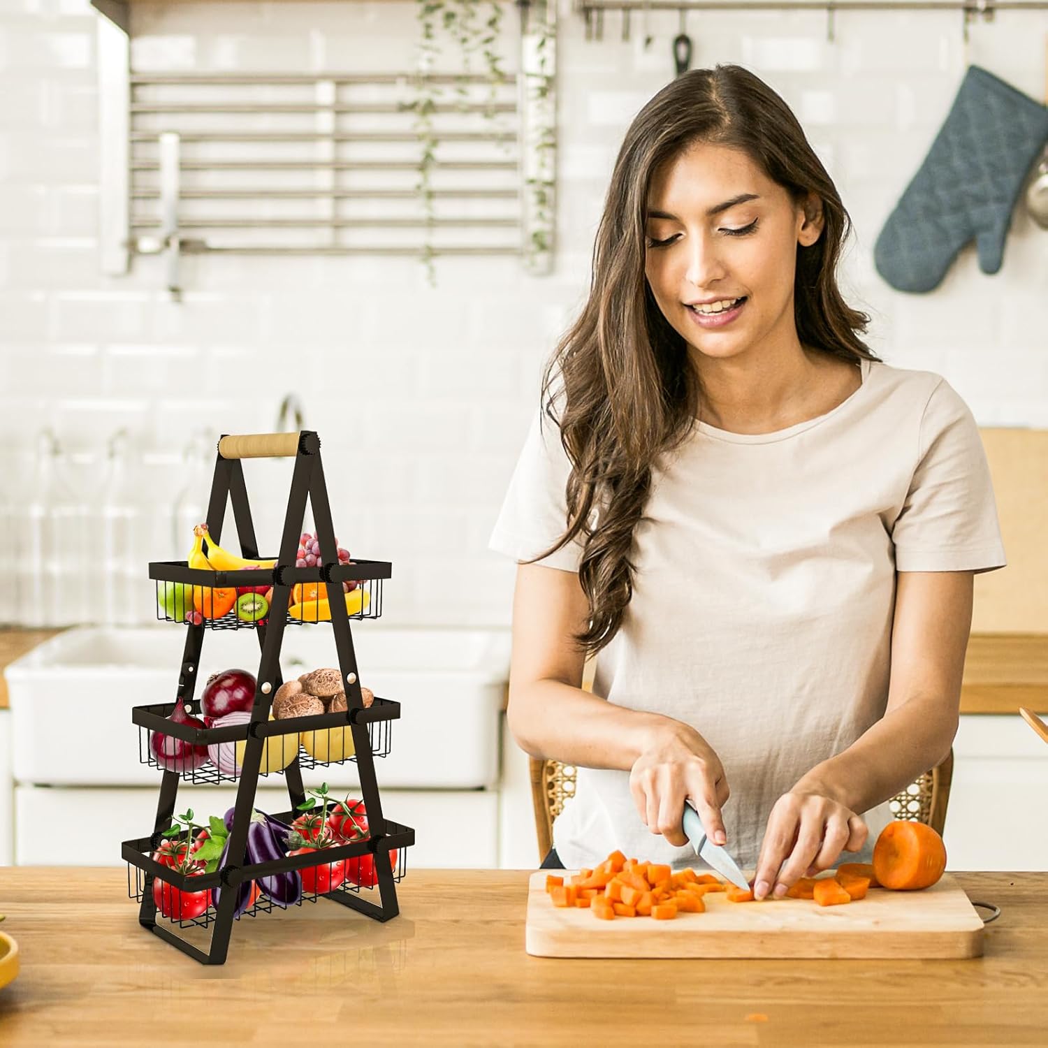 Reinforced 3-Tier Fruit Basket Fruit Bowl, Kitchen Countertop Organizer - Extra Support Rods for Fruits, Vegetables, Bread & Snacks, Detachable Space-Saving Shelves for Pantry, Cabinet, Counter - Image 2