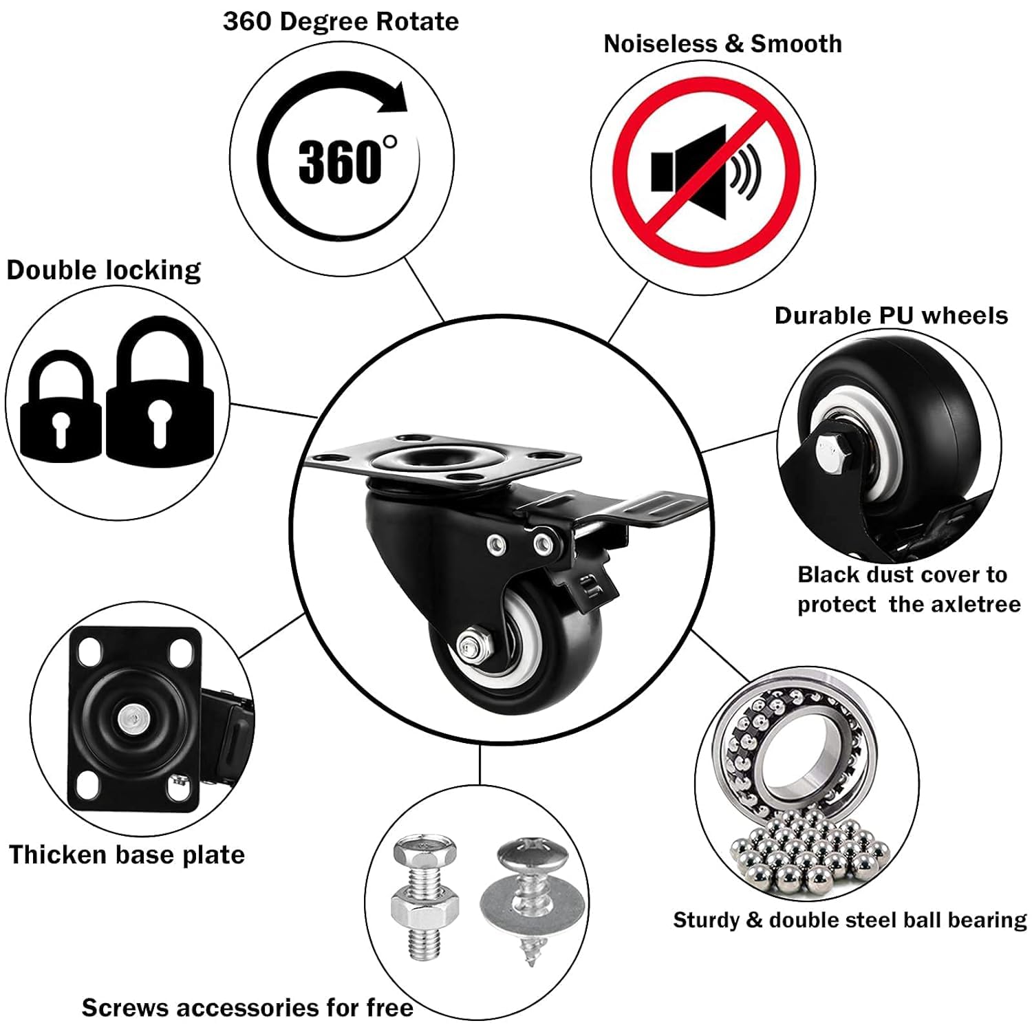 implemental 1.5 Inch Wheels for Furniture Moving with Load Capacity of 185 Kg | 2 Wheels with Lock and 2 Wheels Without Lock (Pack of 4) (Black) 4