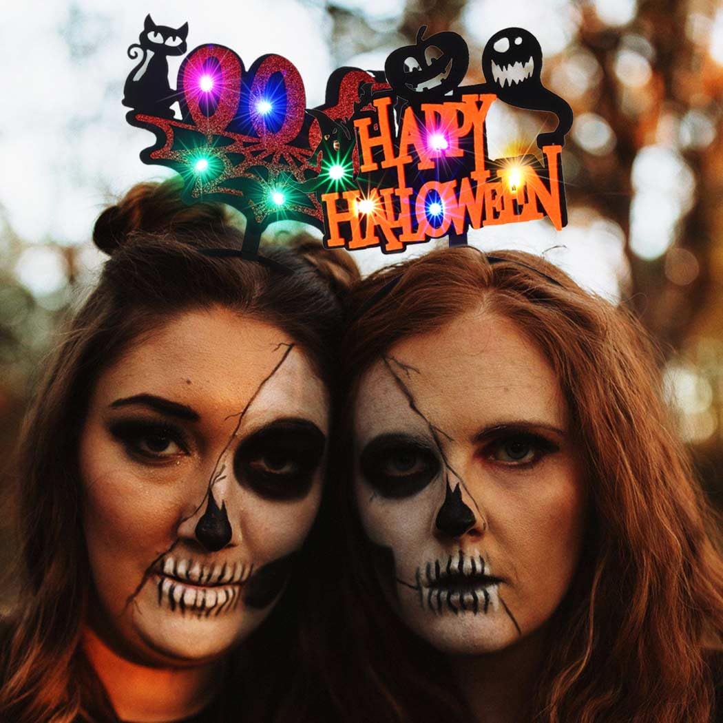 Zoestar LED Halloween Headbands Light up Glowing Headband Pumpkin Black Cat Hair Hoops Spider Web Ghost Party Costume Hair Accessories for Women,2 Pcs (Style 2) - Image 2
