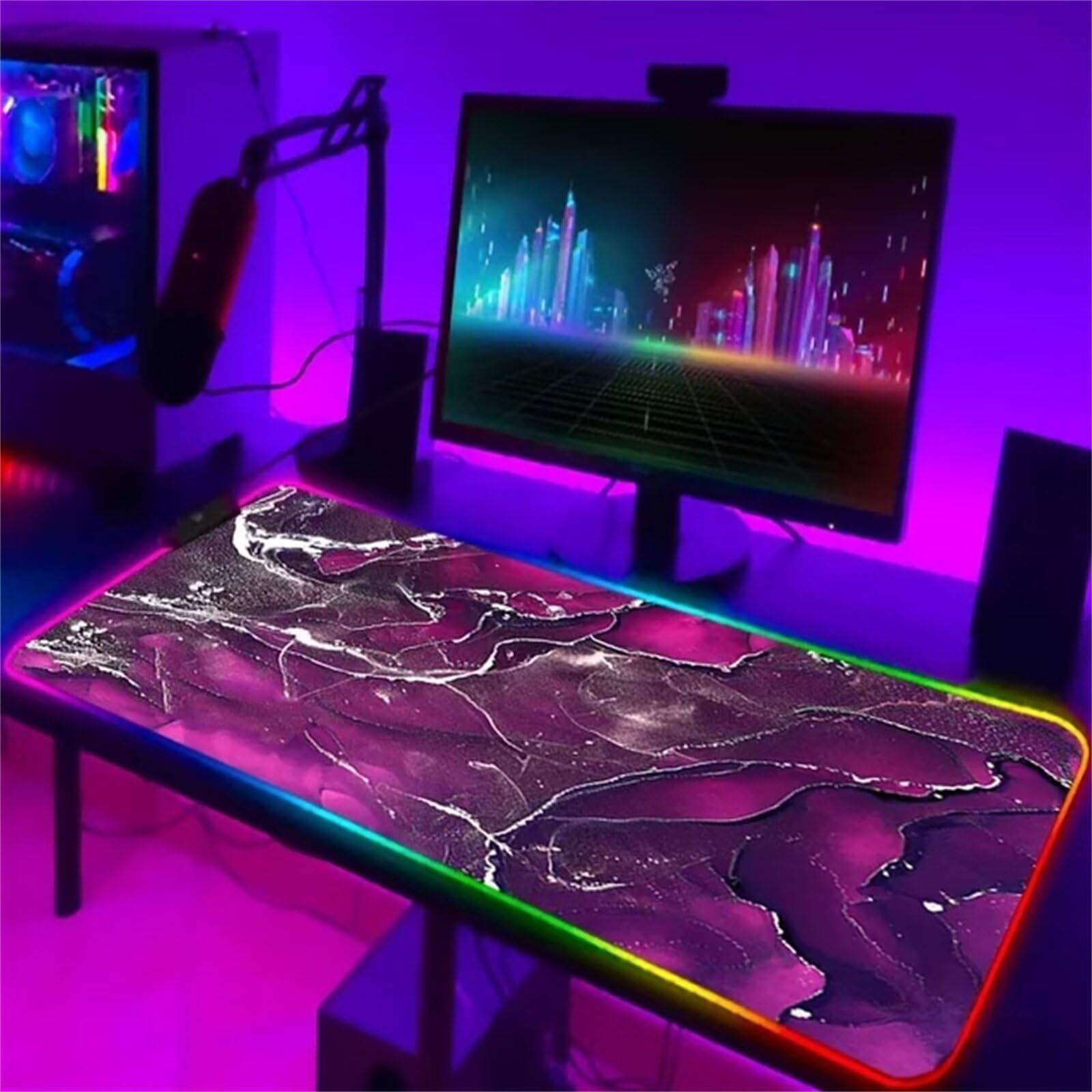 Tappetino per Mouse RGB XXL Grande Tappetino per Mouse da Gioco LED Marmo Viola 900x400x4mm con 14 Modalità di Illuminazione e Base in Gomma Antiscivolo per Giochi Lavoro e Studio
