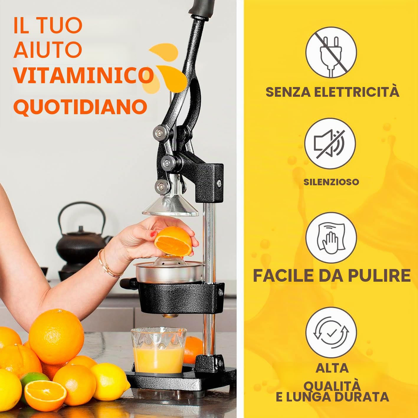Lumaland Estrattore di Succo Manuale, Spremiagrumi in Ghisa, Senza Sforzo, Pressa Professionale per Frutta e Verdura Arance, Limone, Agrumi, Pompelmo, Melograni, Slow Juicer, Facile da Pulire, Nero