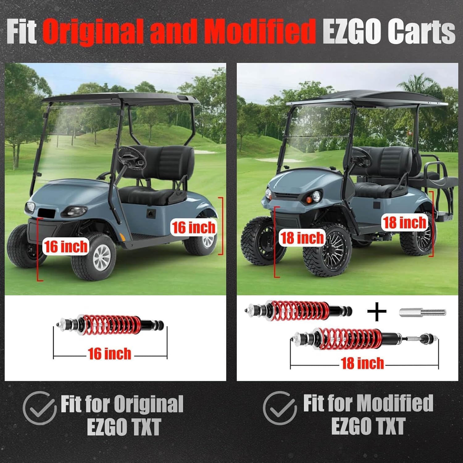 EZGO Golf Cart Shocks Front or Rear with Heavy Duty Coil Springs for EZGO TXT/Medalist 1994+ G&E Golf Carts OEM# 70928-G01 76418-G01
