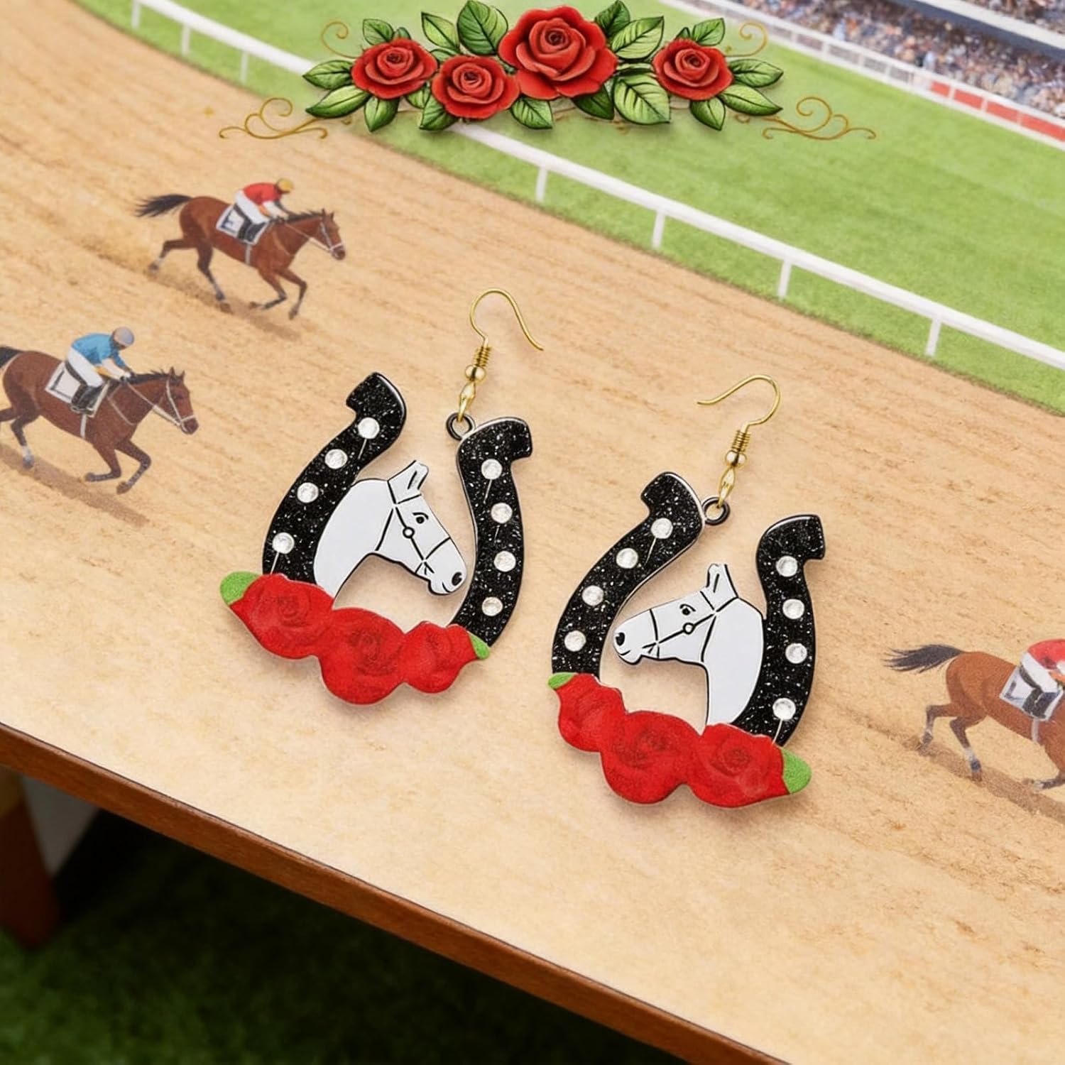 Derby Outfits for Women Race Horse Earrings Western Acrylic Horseshoe Rose Flower Drop Dangle Earrings Kentucky Dresses for Women 2026