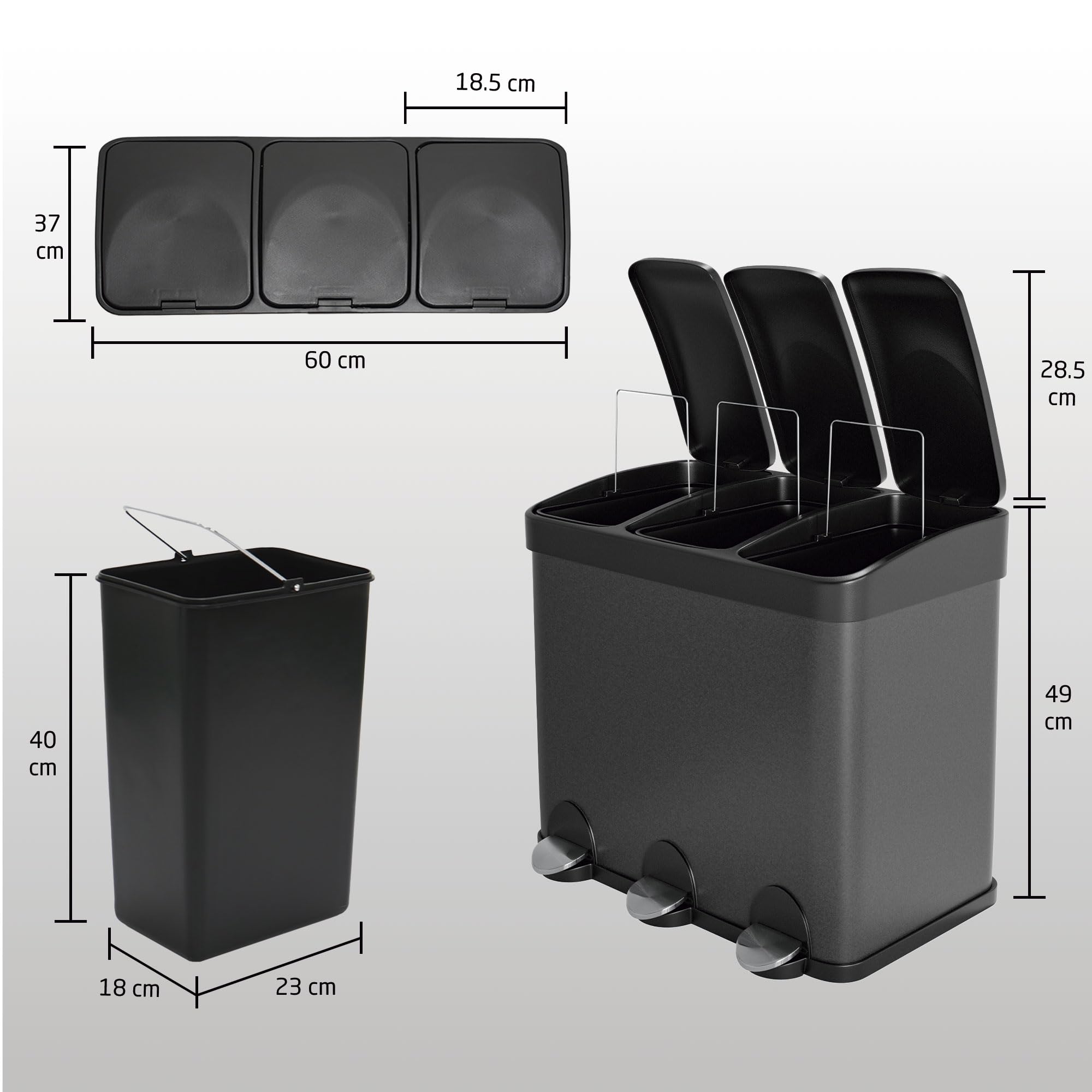 Amig - Poubelle Triple avec Pédales 45 litres - 3 Compartiments Amovibles de 15 litres - Poubelle de Recyclage pour la Cuisine - Acier - 60 x 37 x 49 cm - Noir Mat