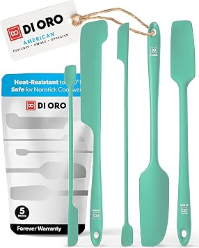 DI ORO Silicone Jar Spatulas for Scraping - Rubber Spatulas Silicone Heat Resistant - Kitchen Spatulas Nonstick Cookware Safe - Silicone Utensil Set for Blenders, Mixing, Baking, Makeup 5pc, Mint