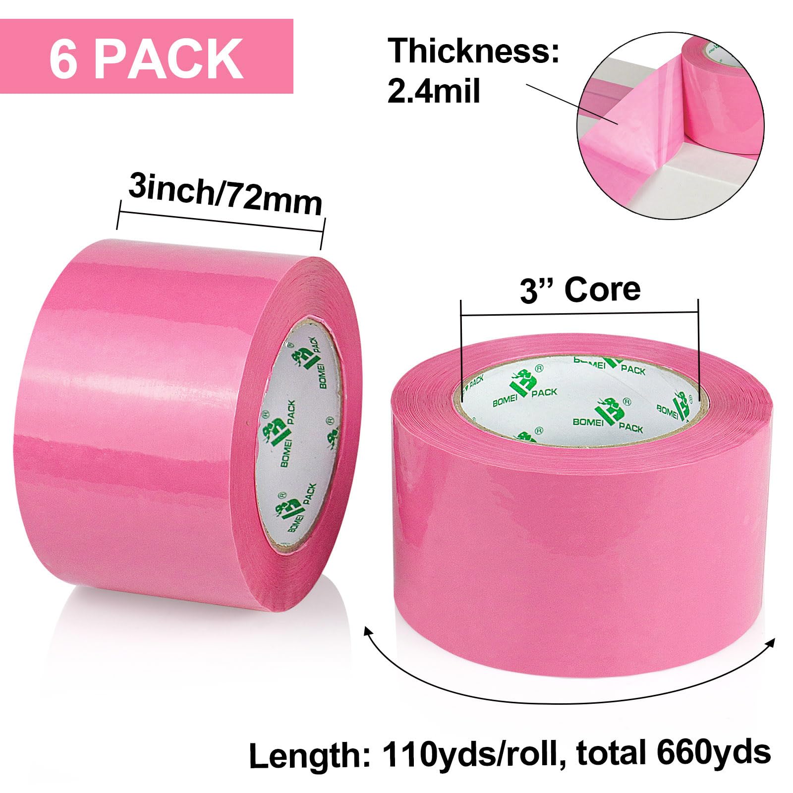 BOMEI PACK Nastro da imballaggio rosa largo 7,6 cm, 6 rotoli di ricambio per imballaggio, trasloco e stoccaggio, 2,4 mm x 100 m, totale 600 m