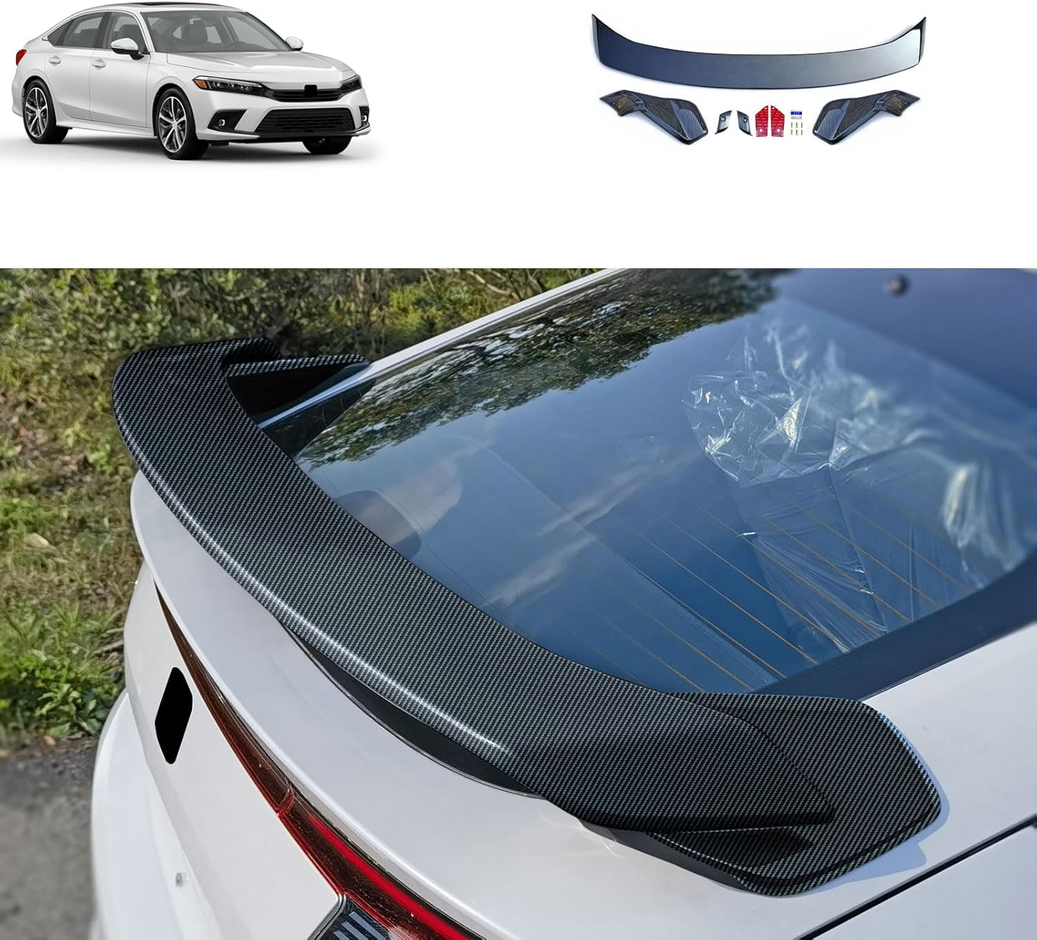 Rear Spoiler Wing Cover Compatible with Honda Civic Hatchback 11TH 2026 2025 2024 2023 2022 Rear Trunk Splitter Wing Car Accessories ABS (Carbon Fiber Style)