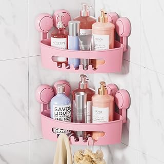 Leverloc - Estantería de ducha sin taladrar, soporte para ducha de esquina, 1 segunda instalación, carga 10 kg, almacenamiento indispensable para azulejos de pared de baño y cocina, color rosa
