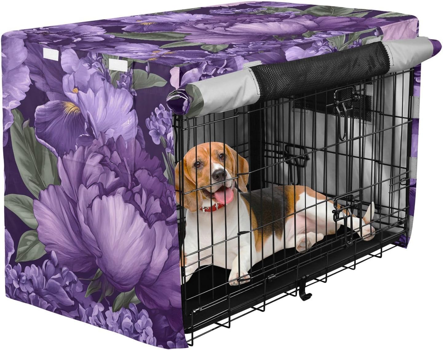 Purple Peonies Dog Crate Covers S-XL Windproof Pet Cage Cover with Openings, Reduces Barking, X-Large