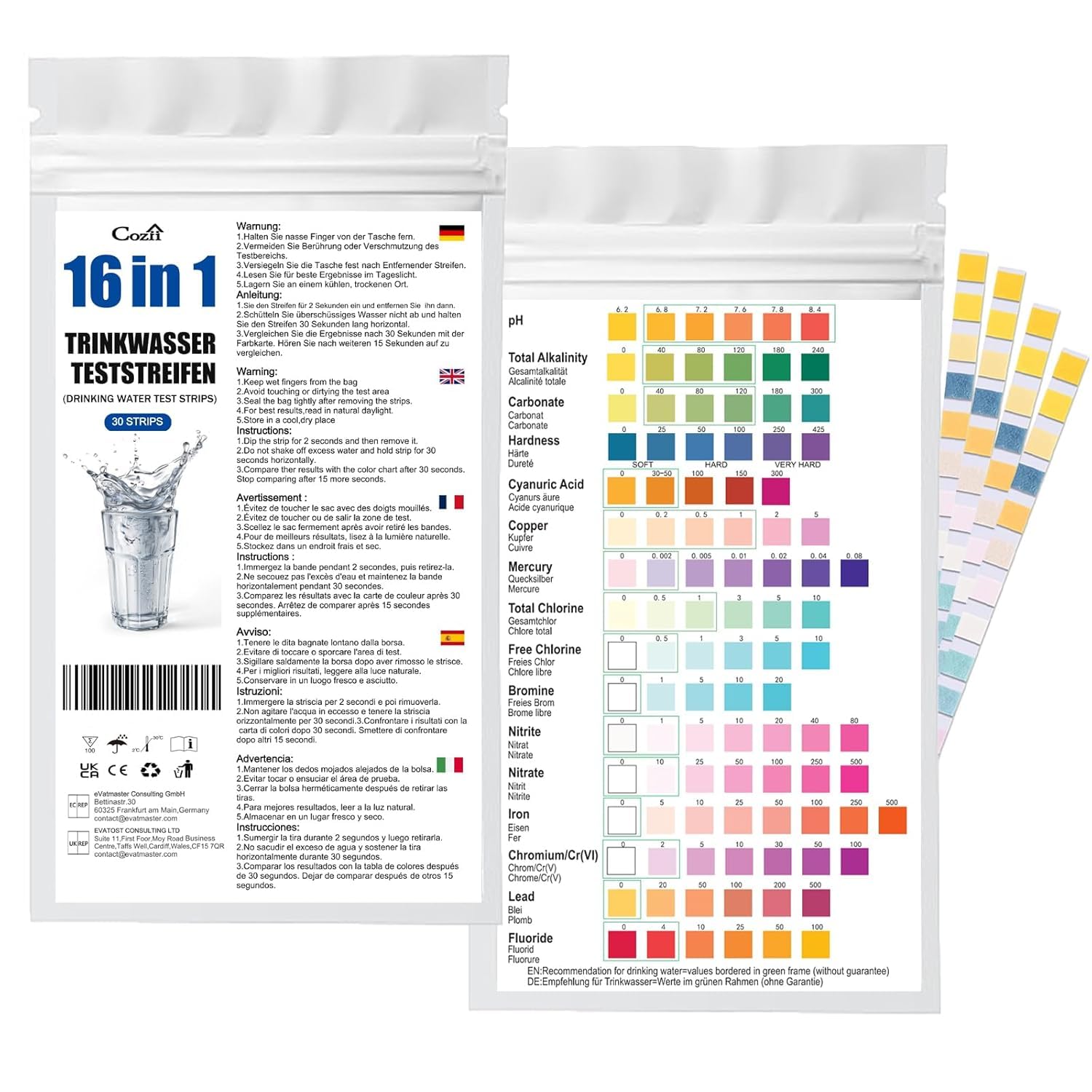 AQUANEXO 25 stuks 16-in-1 drinkwaterteststrips voor het meten van waterhardheid en waterhardheid, teststrips voor drinkwater (25 AQUANEXO 25 stuks 16-in-1 drinkwaterteststrips voor het meten van waterhardheid en waterhardheid, teststrips voor drinkwater (25